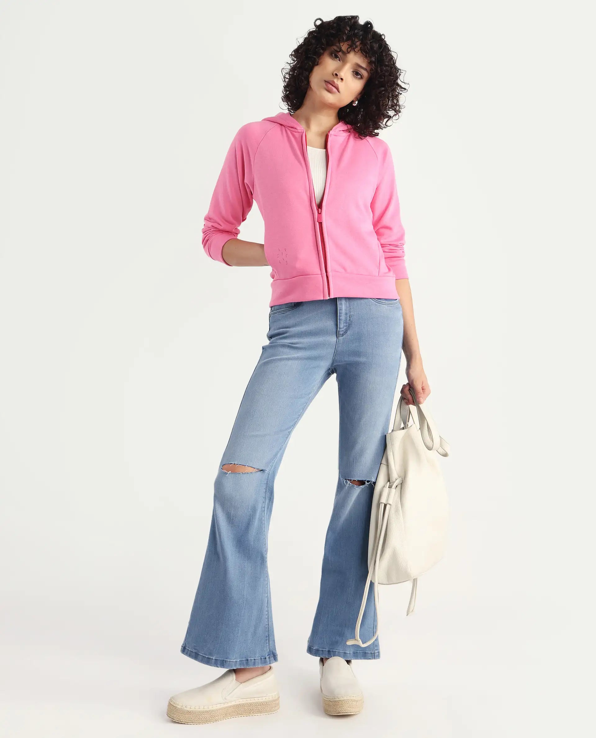 Rareism Women's Medium Weight Terry 290 Gsm Cotton Blend Hooded Plain Regular Fit Jacket