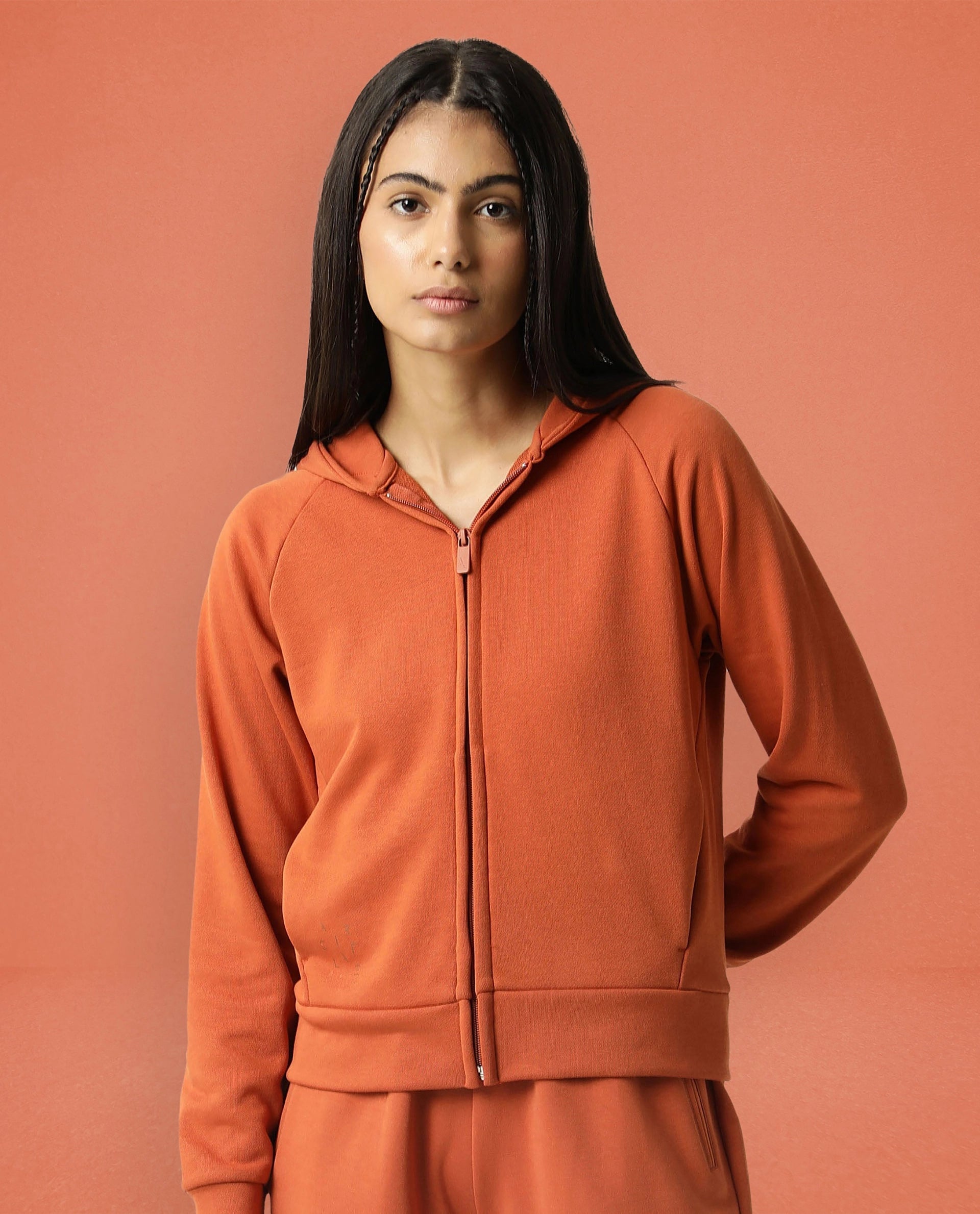 Rareism Women Capper Orange Cotton Blend Fabric Full Sleeves Solid Hooded Jacket