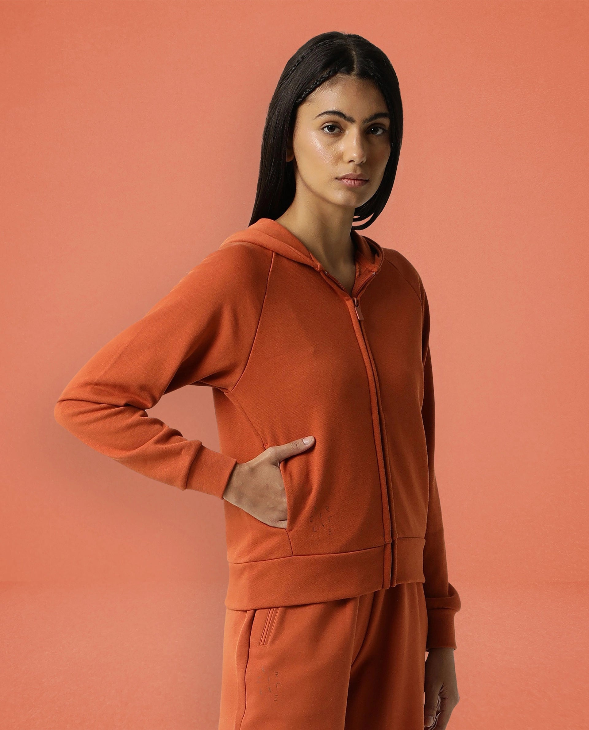 Rareism Women Capper Orange Cotton Blend Fabric Full Sleeves Solid Hooded Jacket