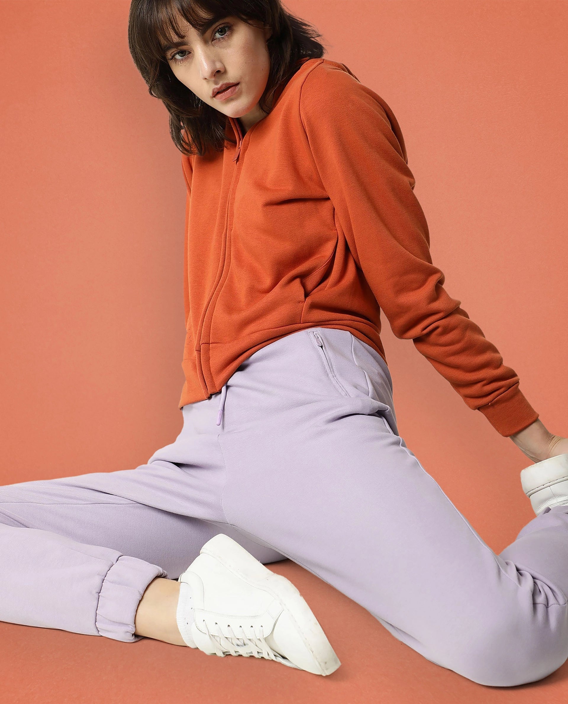 Rareism Women Capper Orange Cotton Blend Fabric Full Sleeves Solid Hooded Jacket