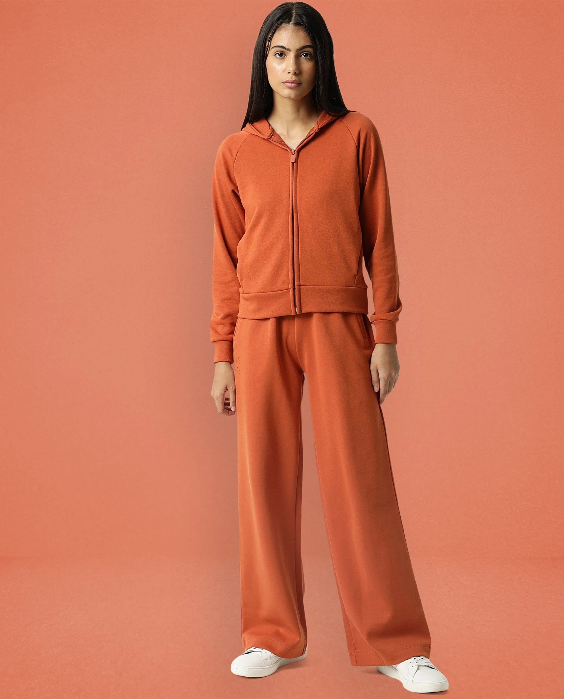 Rareism Women Capper Orange Cotton Blend Fabric Full Sleeves Solid Hooded Jacket