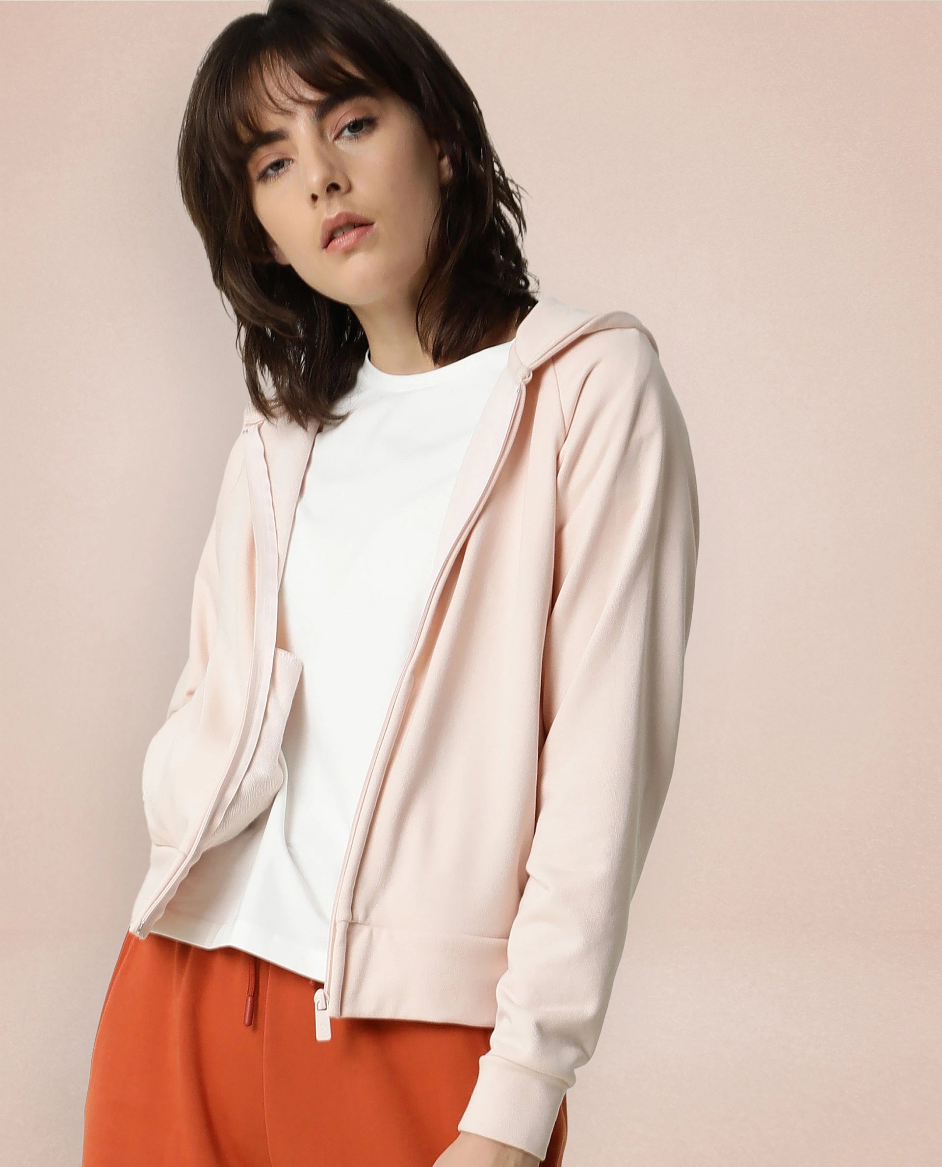 Rareism Women Capper Pink Cotton Blend Fabric Full Sleeves Solid Hooded Jacket