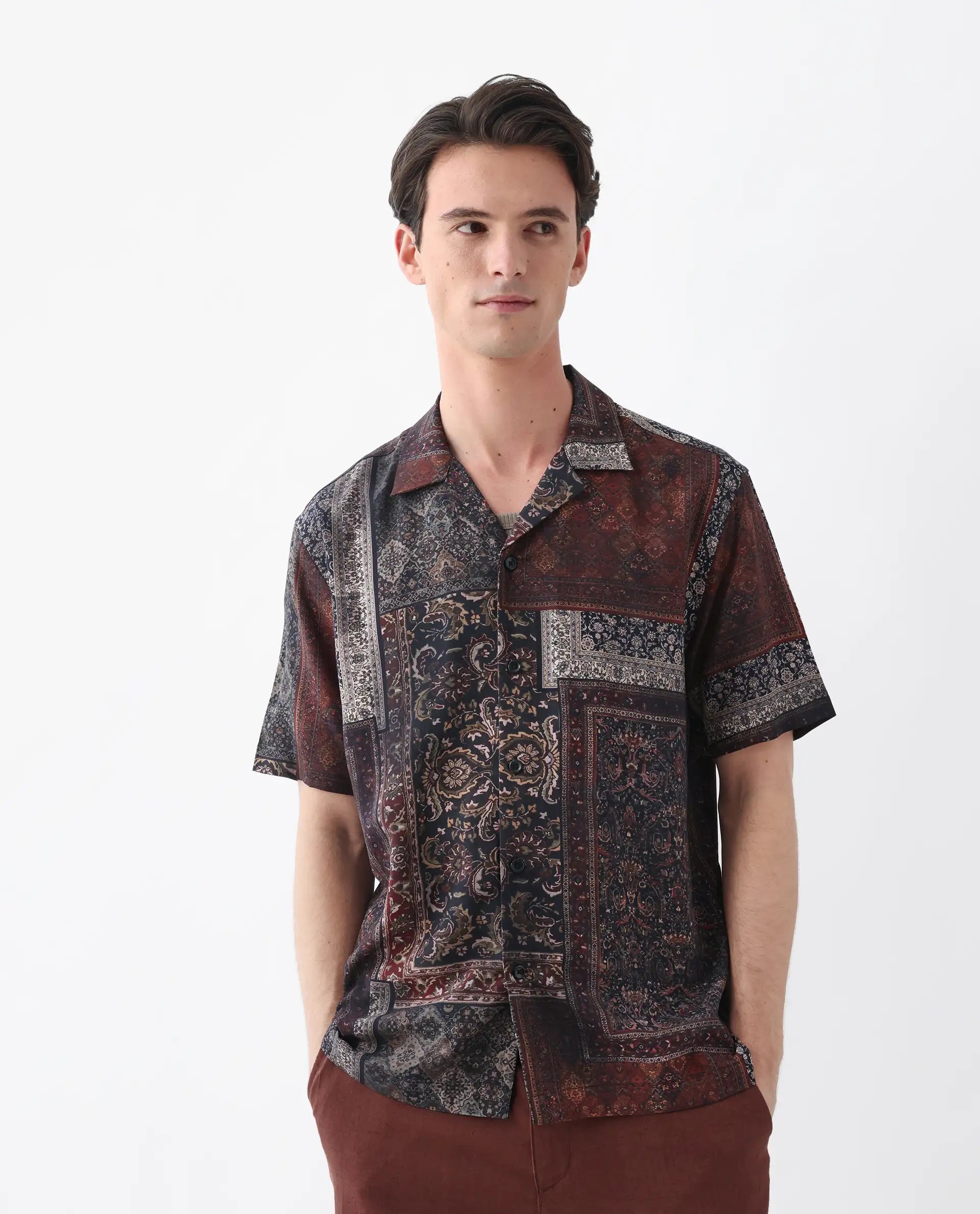 Rare Rabbit Men's Capra Dark Brown Viscose Art Deco Print Relaxed Fit Half Sleeve Cuban Collar Shirt