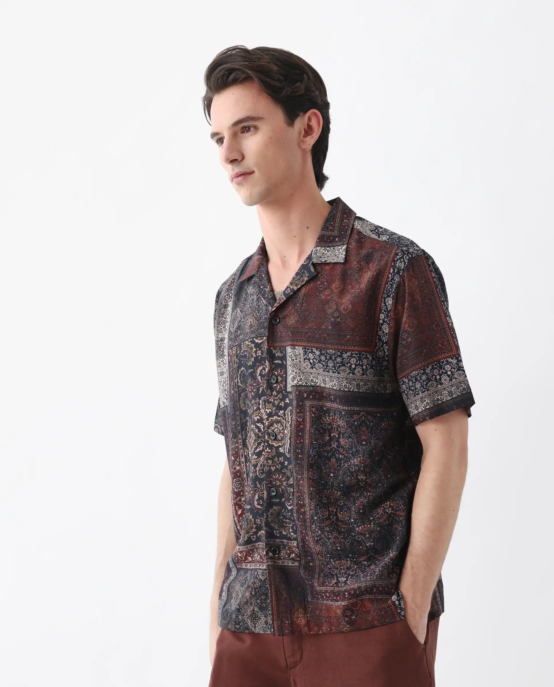 Rare Rabbit Men's Capra Dark Brown Viscose Art Deco Print Relaxed Fit Half Sleeve Cuban Collar Shirt