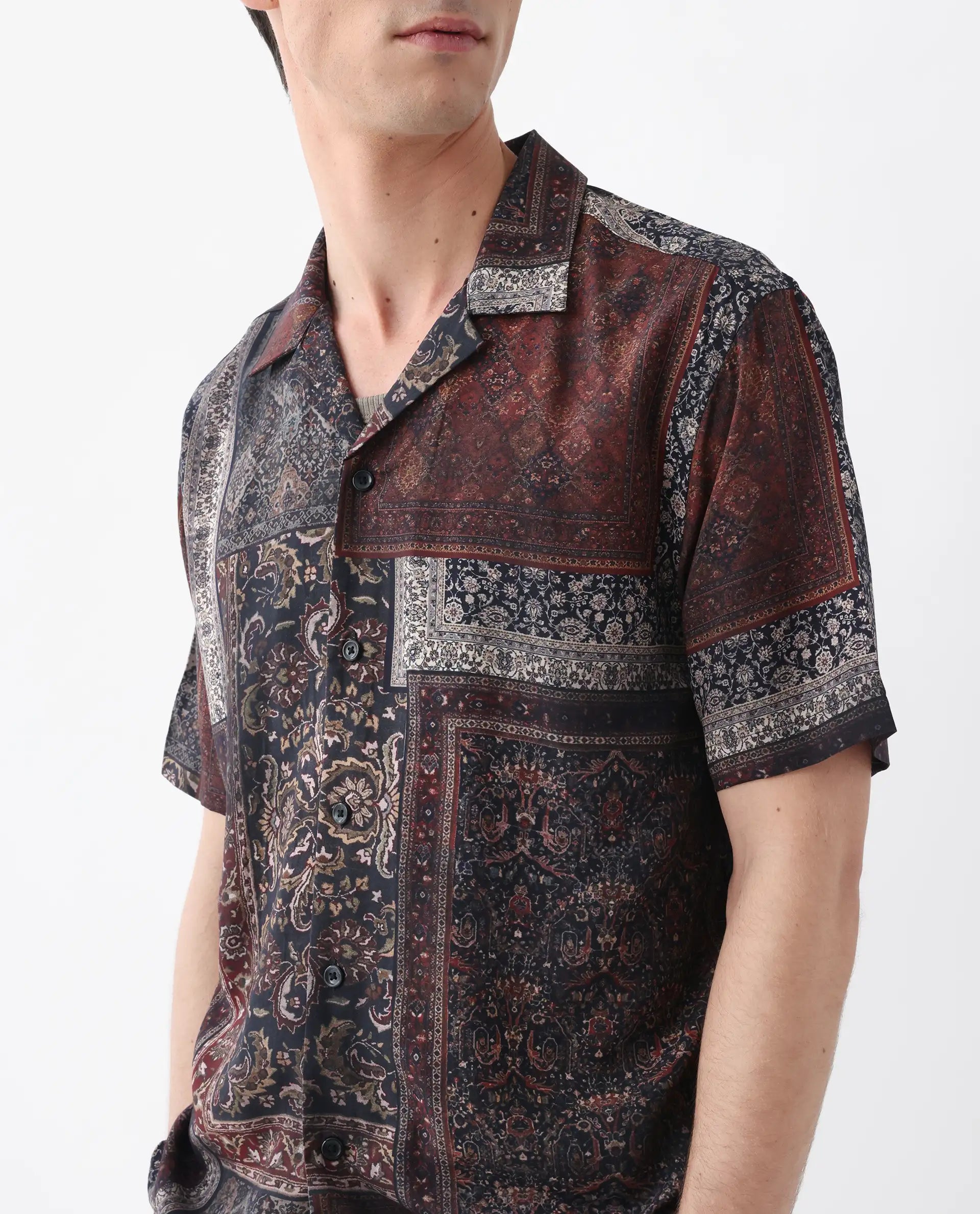 Rare Rabbit Men's Capra Dark Brown Viscose Art Deco Print Relaxed Fit Half Sleeve Cuban Collar Shirt