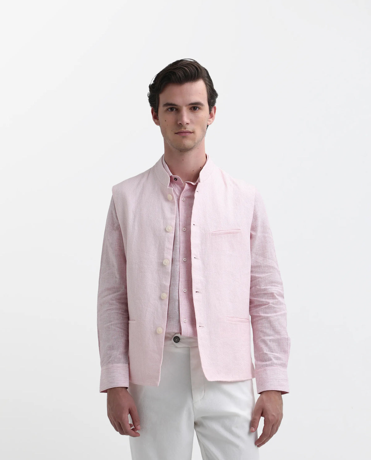 Rare Rabbit Men's Caps Pink Linen Plain Tailored Fit Sleeveless Mandarin Collar Bandhgala