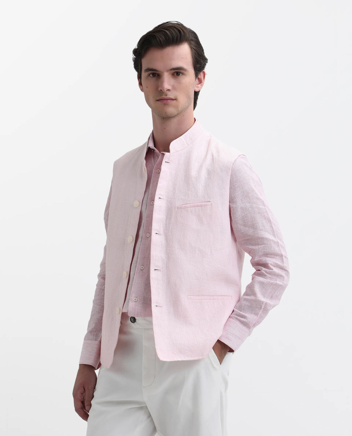 Rare Rabbit Men's Caps Pink Linen Plain Tailored Fit Sleeveless Mandarin Collar Bandhgala