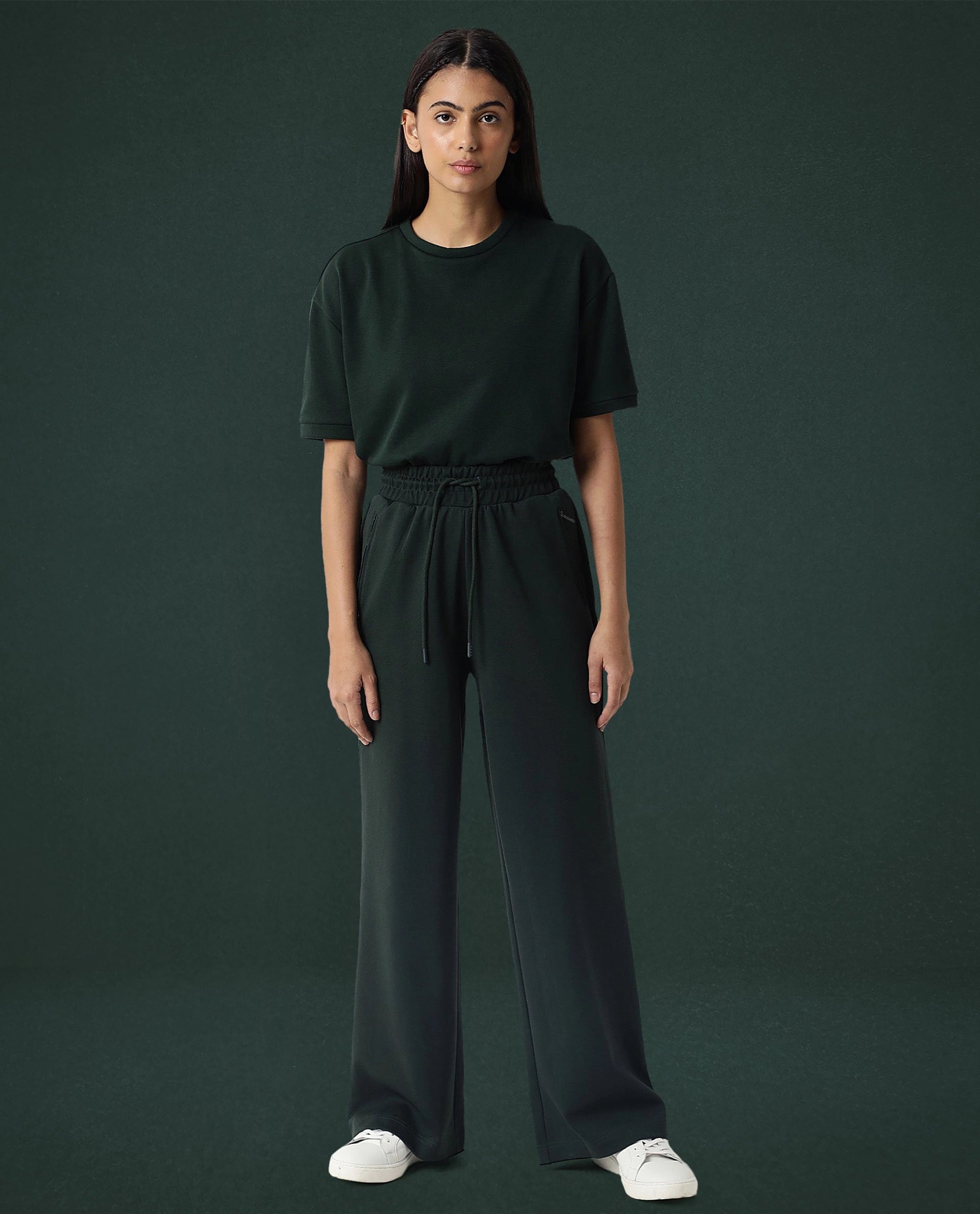 Rareism Women Capsule Dark Green Cotton Blend Fabric Relaxed Fit Solid Mid Rise Ankle Length Track Pant