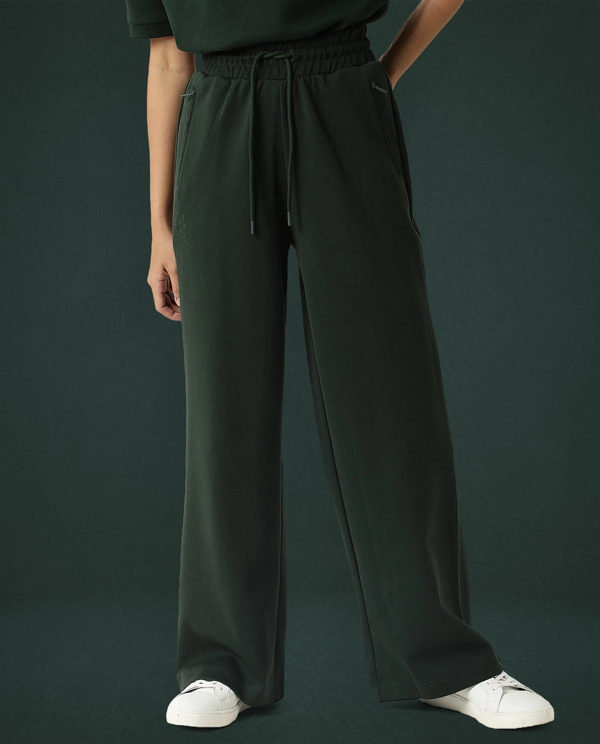 Rareism Women Capsule Dark Green Cotton Blend Fabric Relaxed Fit Solid Mid Rise Ankle Length Track Pant