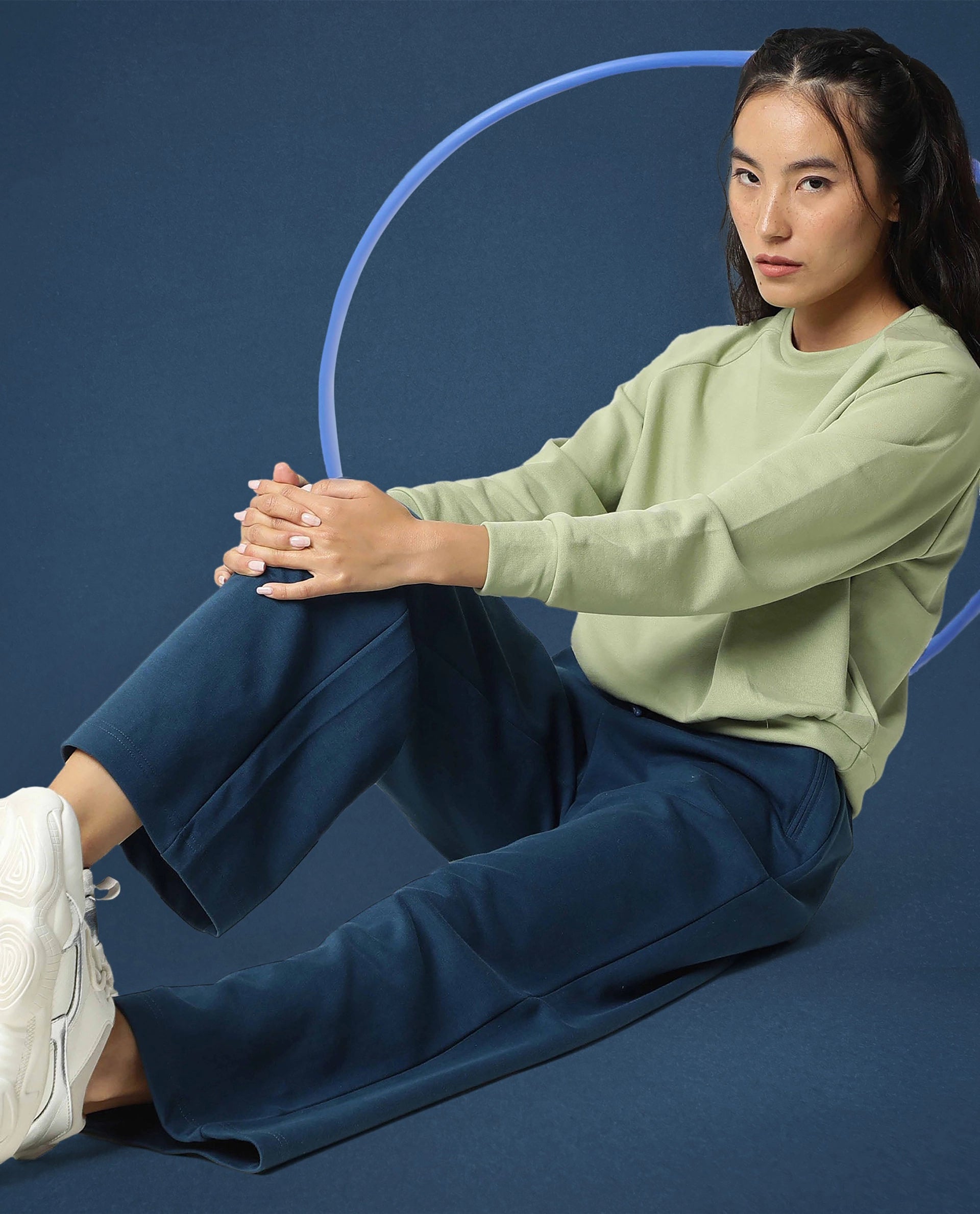 Rareism Women Capsule Dusky Green Cotton Blend Fabric Relaxed Fit Solid Mid Rise Ankle Length Track Pant