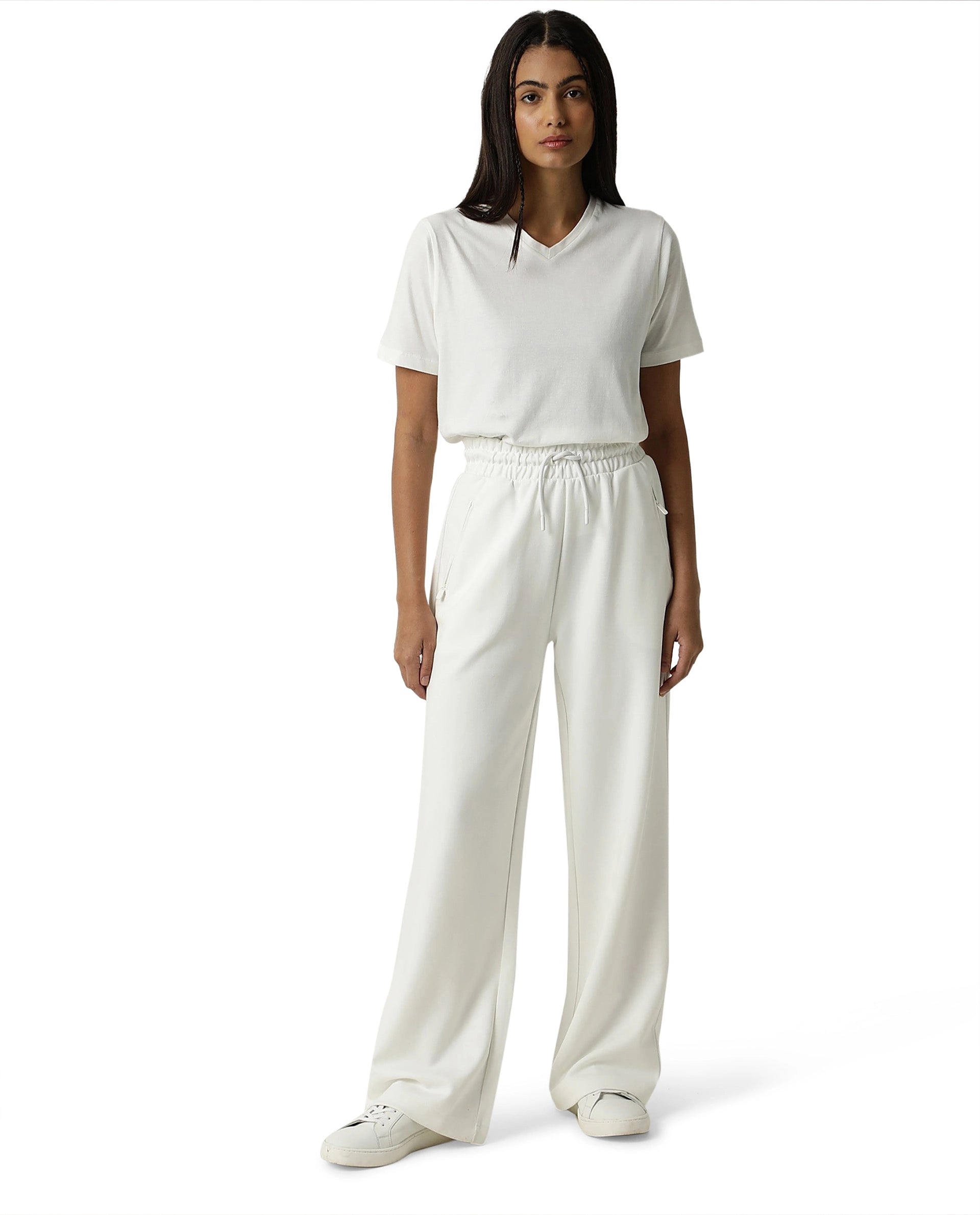 Rareism Women Capsule Off White Cotton Blend Fabric Relaxed Fit Solid Mid Rise Ankle Length Track Pant