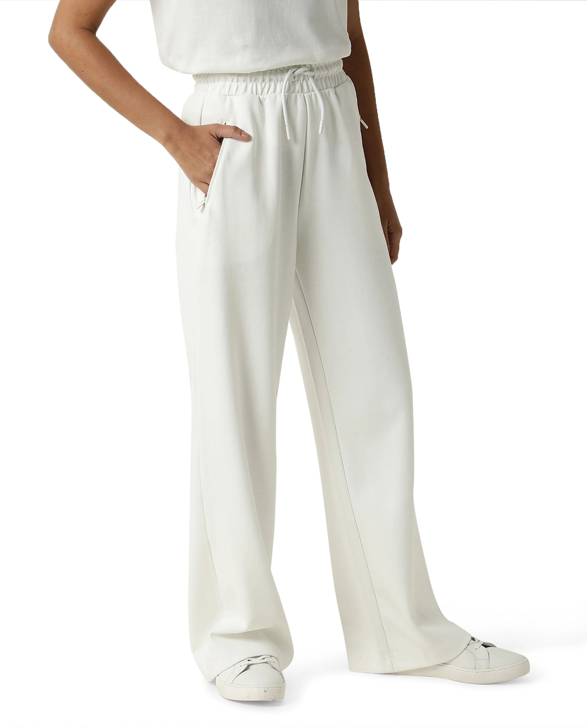 Rareism Women Capsule Off White Cotton Blend Fabric Relaxed Fit Solid Mid Rise Ankle Length Track Pant