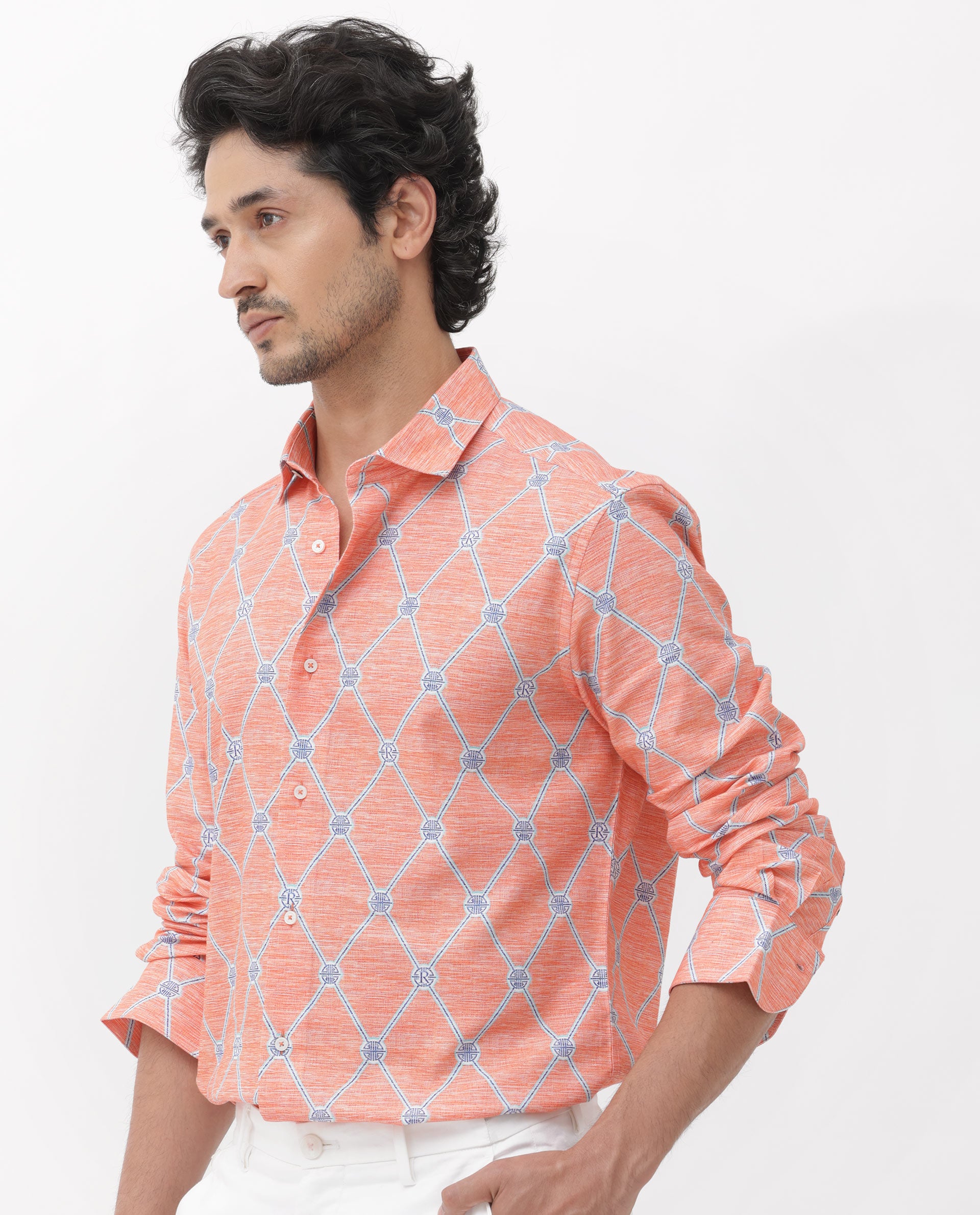 Rare Rabbit Mens Cardoz Orange Cotton Viscose Fabric Full Sleeves Geometric Print Shirt