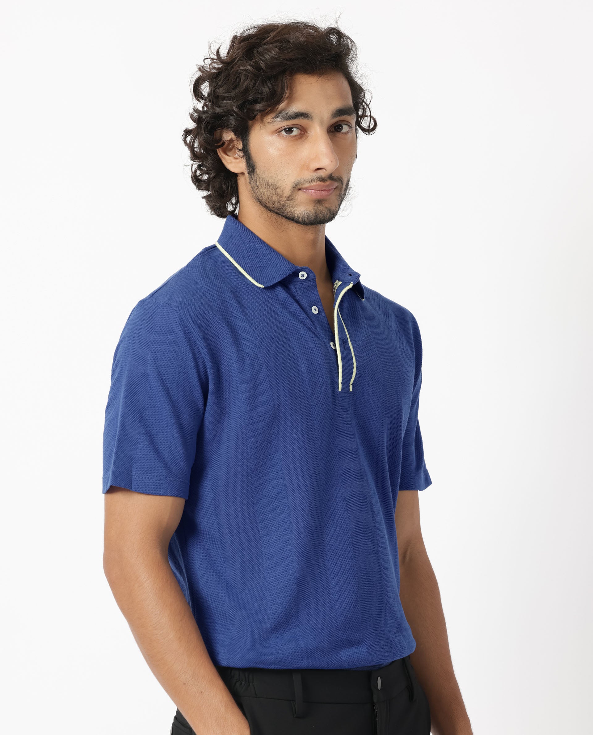 Rare Rabbit Men's Cardona Navy Cotton Fabric Collared Neck Half Sleeves Striped Polo T-Shirt