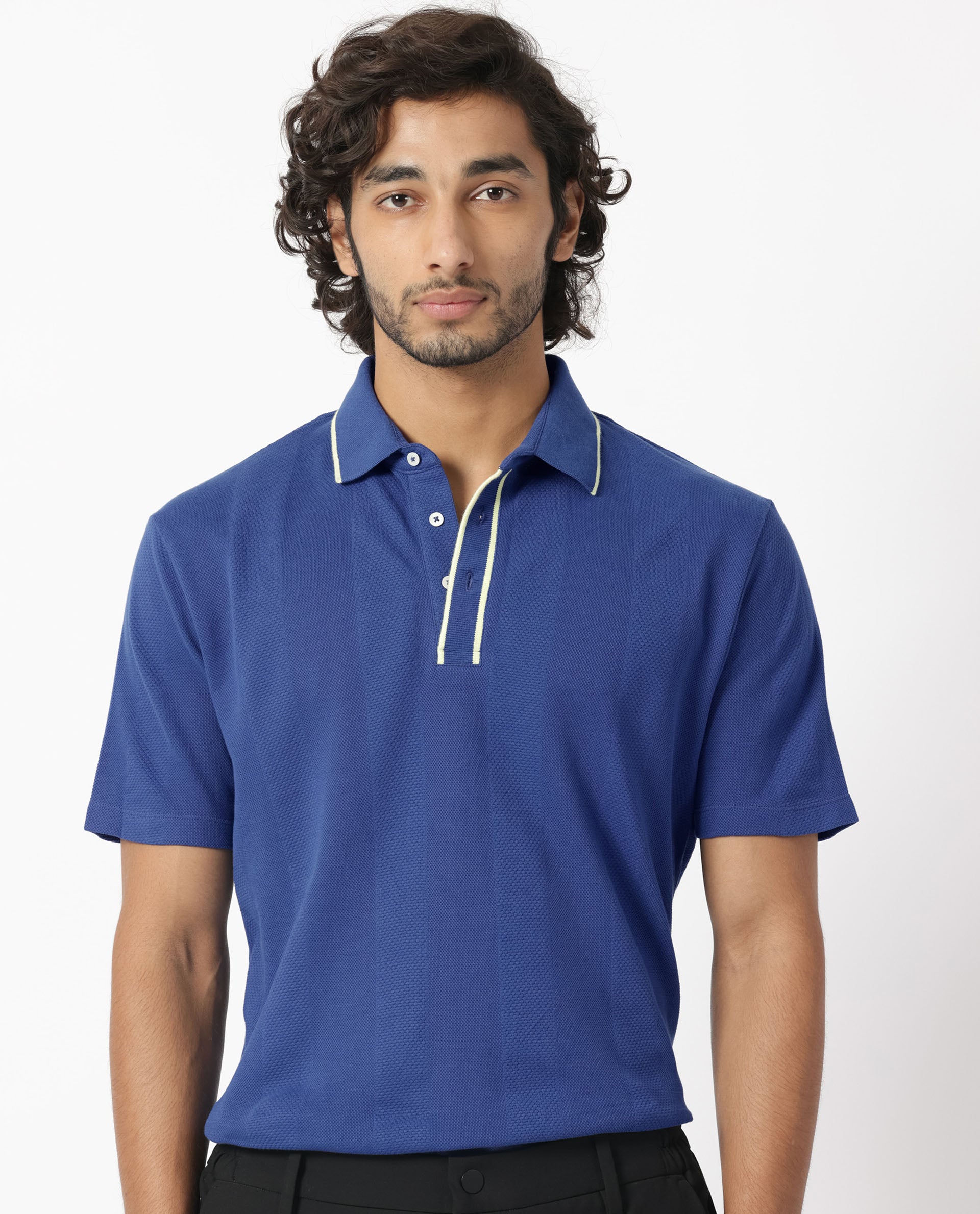 Rare Rabbit Men's Cardona Navy Cotton Fabric Collared Neck Half Sleeves Striped Polo T-Shirt