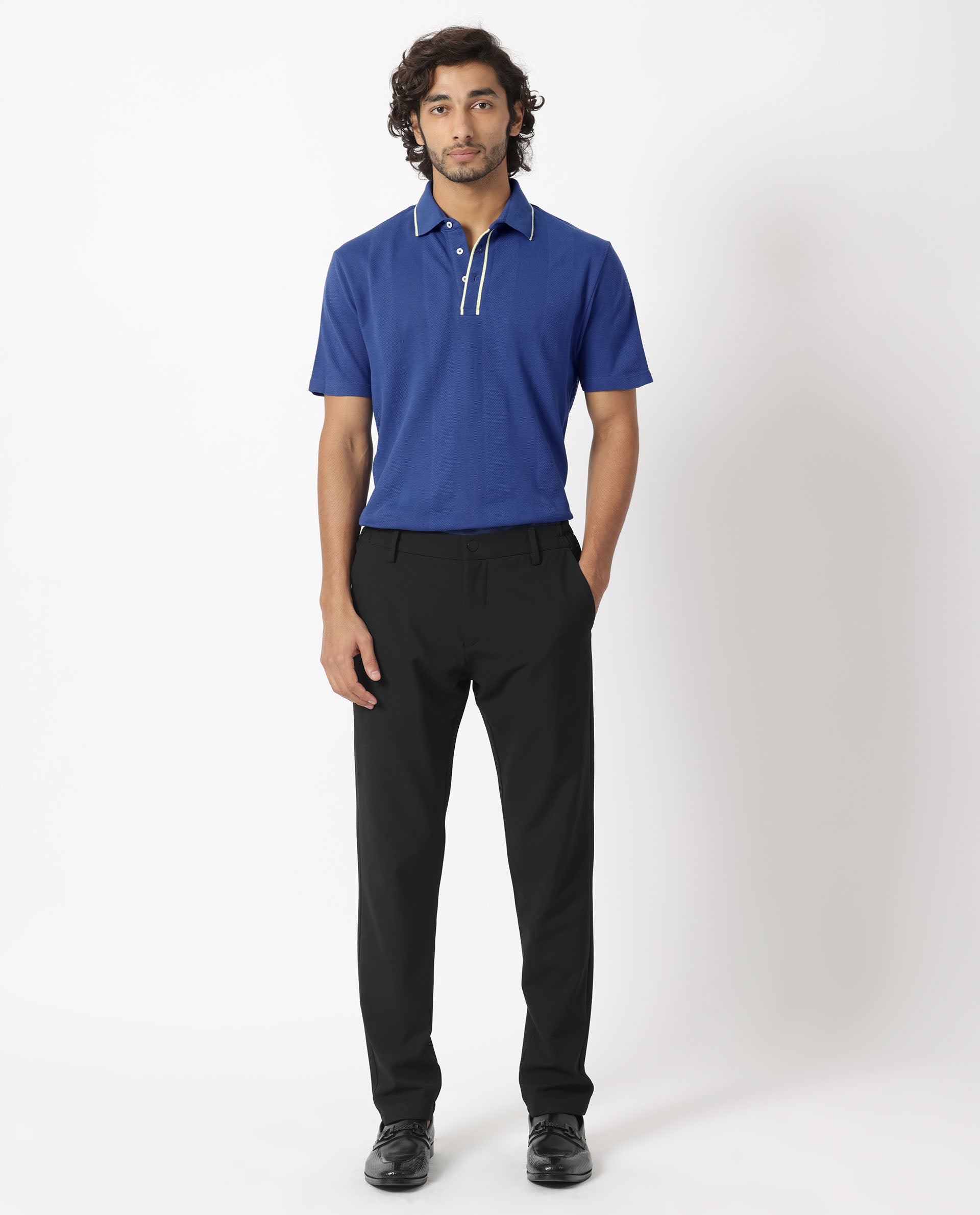 Rare Rabbit Men's Cardona Navy Cotton Fabric Collared Neck Half Sleeves Striped Polo T-Shirt