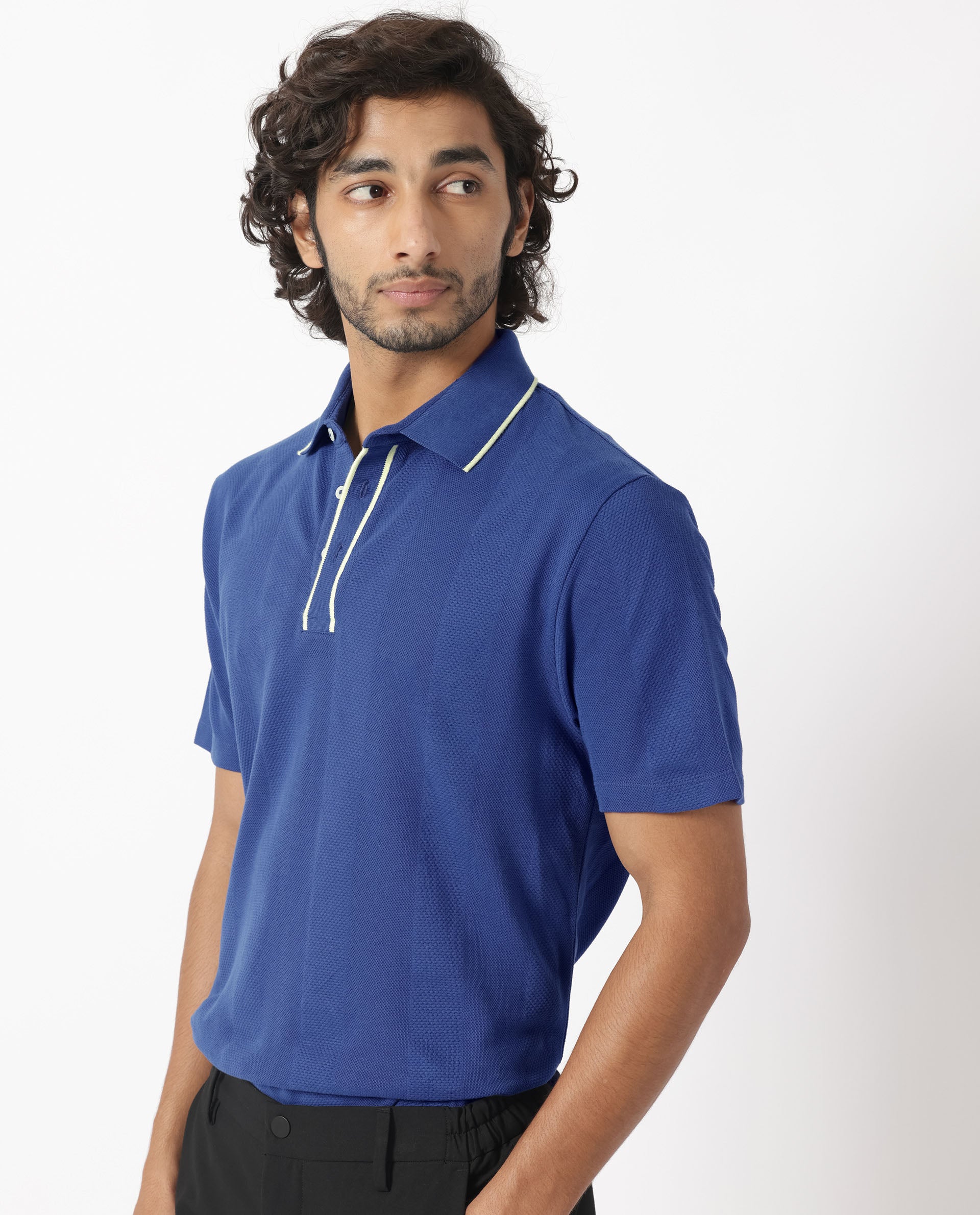 Rare Rabbit Men's Cardona Navy Cotton Fabric Collared Neck Half Sleeves Striped Polo T-Shirt