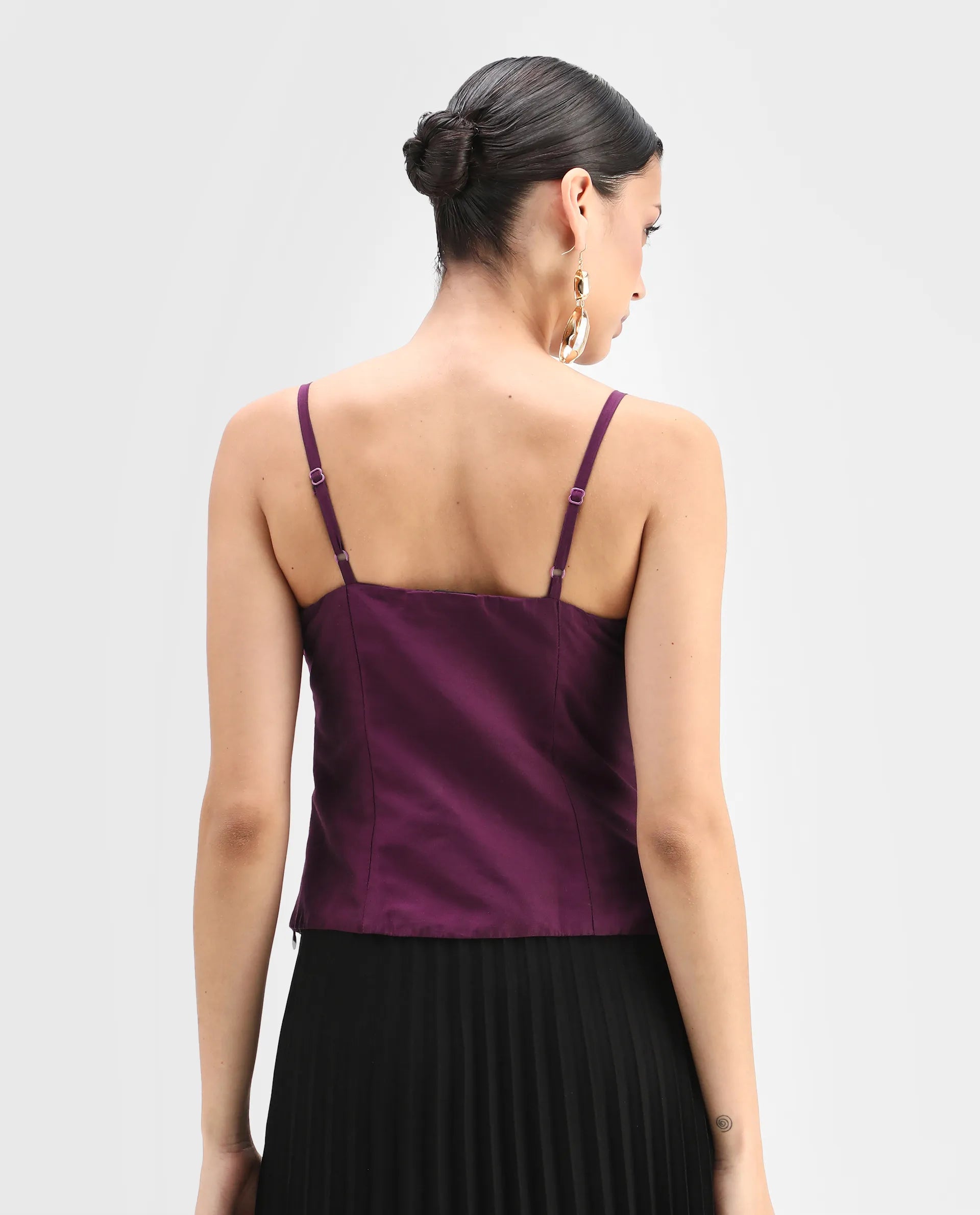 Rareism Women's Carfa Purple Silk Shoulder Strap Plain Sleeveless Crop Fitted Top