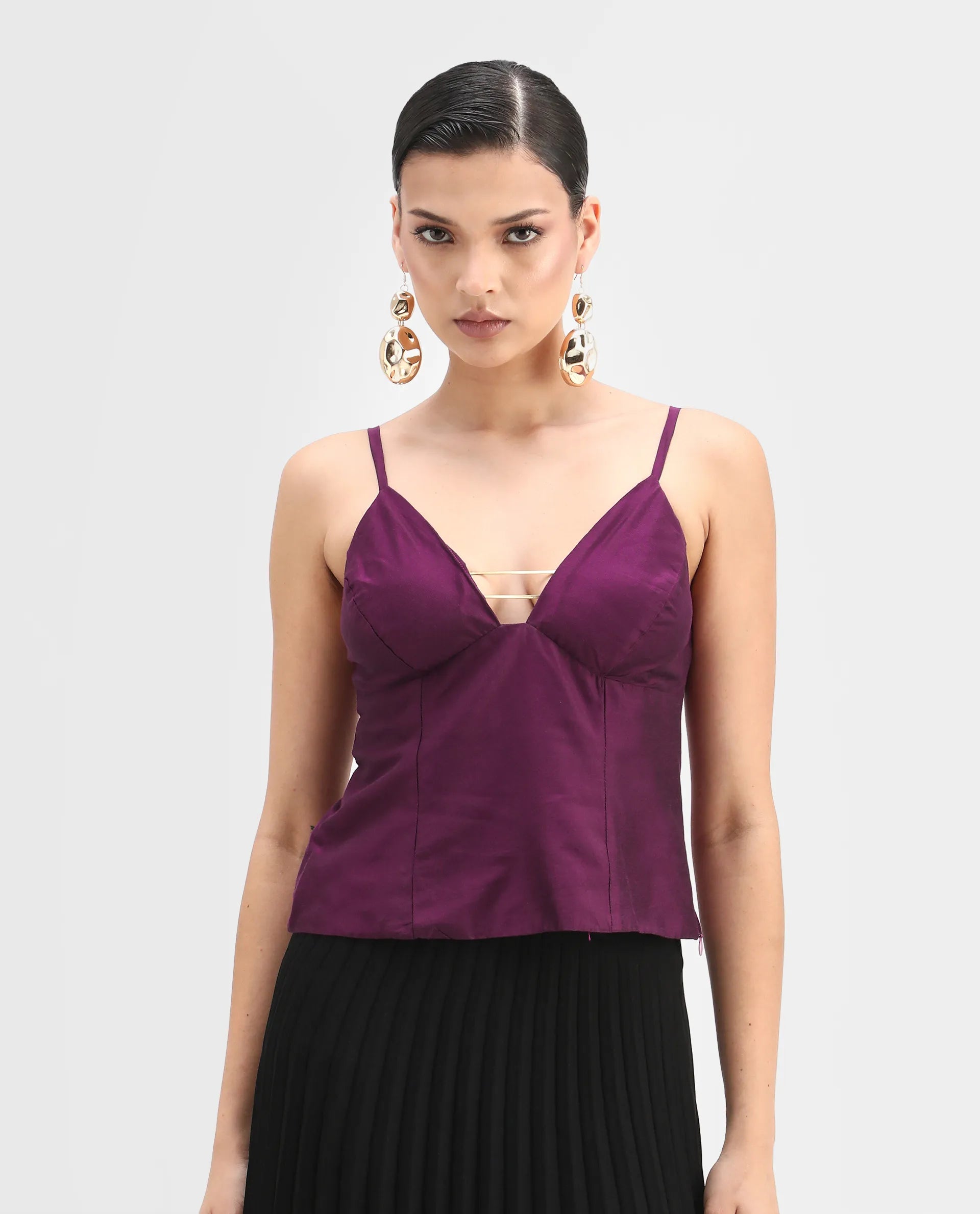 Rareism Women's Carfa Purple Silk Shoulder Strap Plain Sleeveless Crop Fitted Top