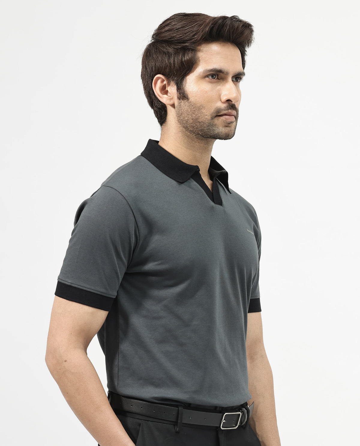 Rare Rabbit Men's Carmelon Dark Grey Cotton Plain Regular Fit Half Sleeve Polo
