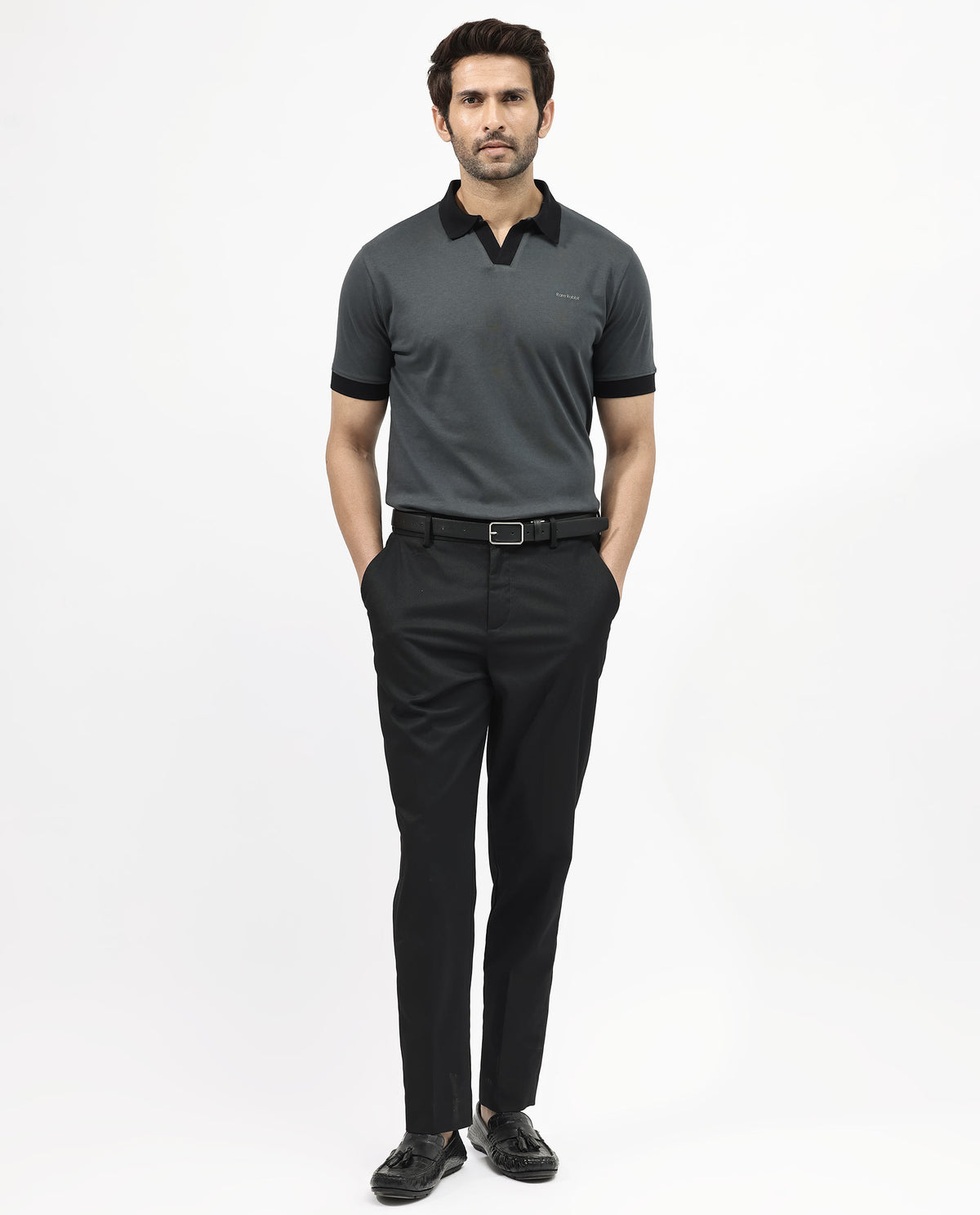Rare Rabbit Men's Carmelon Dark Grey Cotton Plain Regular Fit Half Sleeve Polo