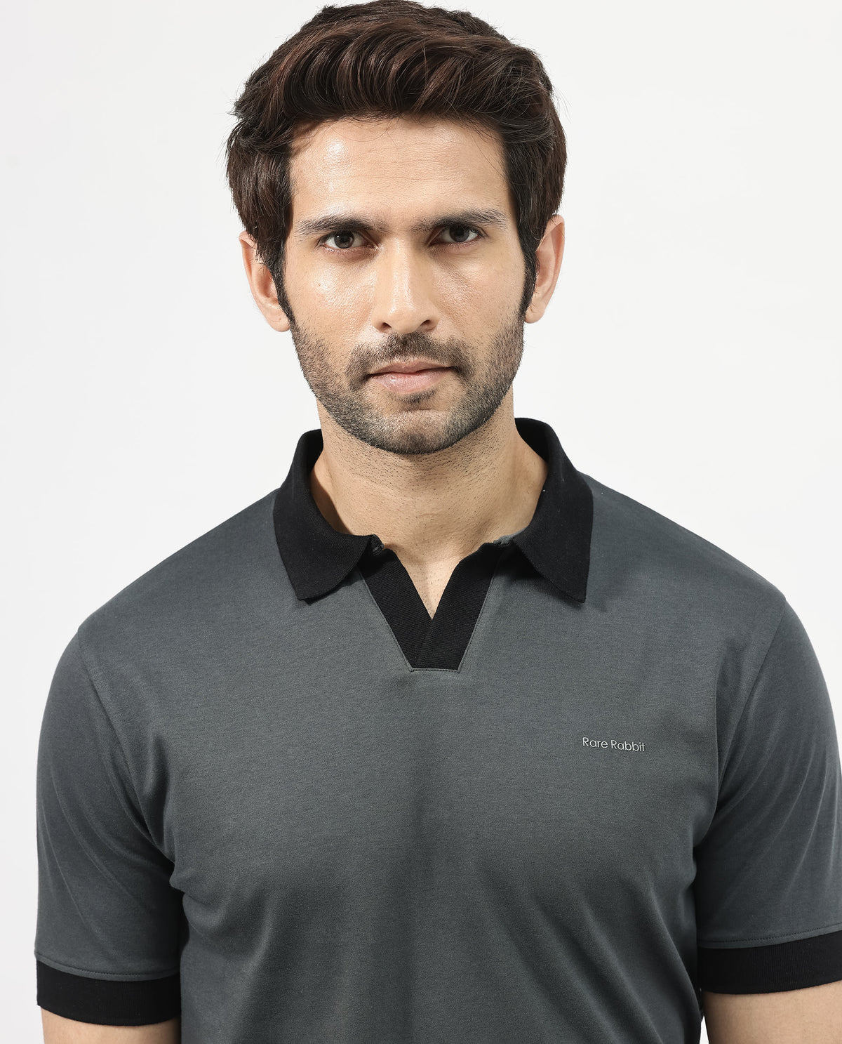 Rare Rabbit Men's Carmelon Dark Grey Cotton Plain Regular Fit Half Sleeve Polo