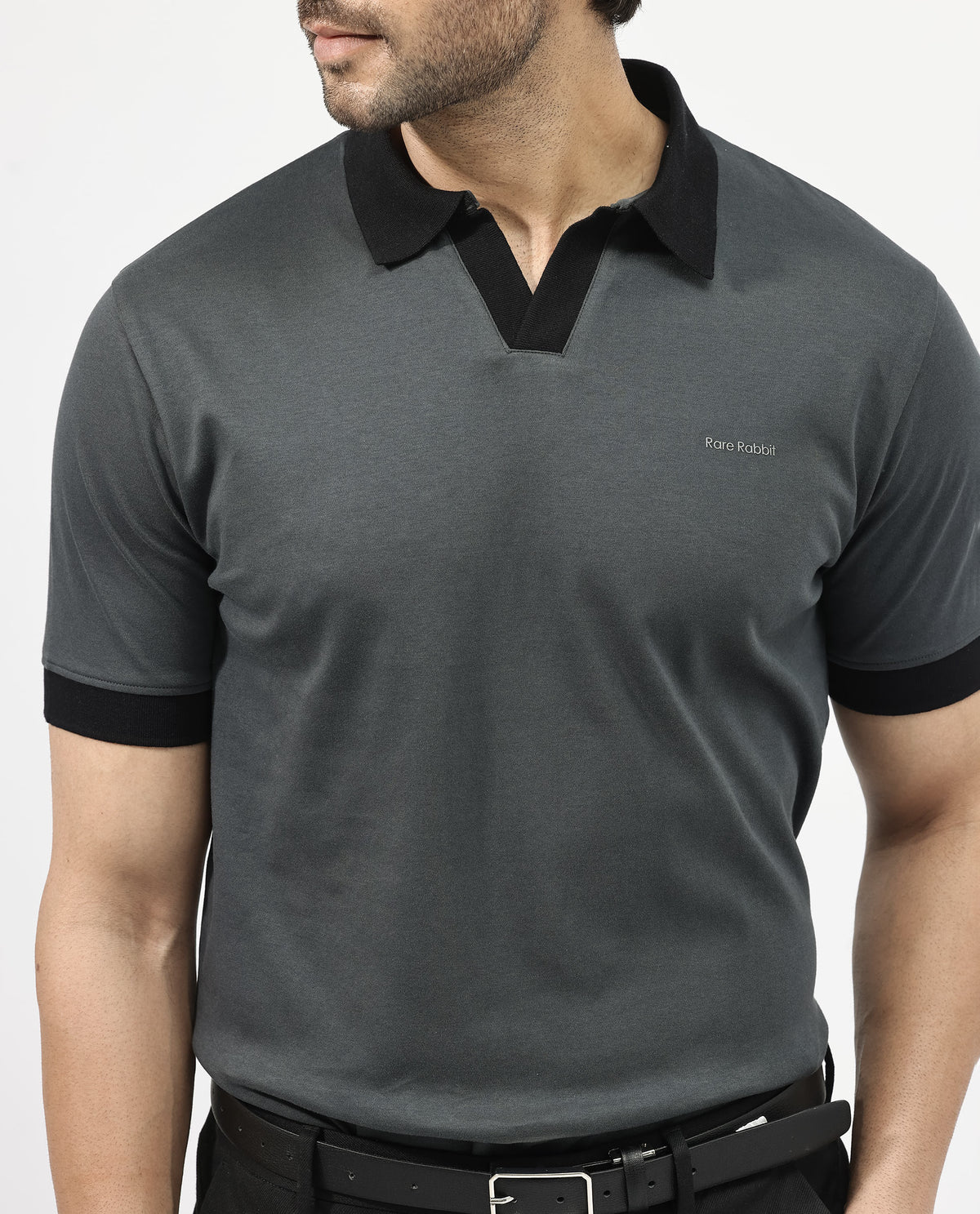 Rare Rabbit Men's Carmelon Dark Grey Cotton Plain Regular Fit Half Sleeve Polo