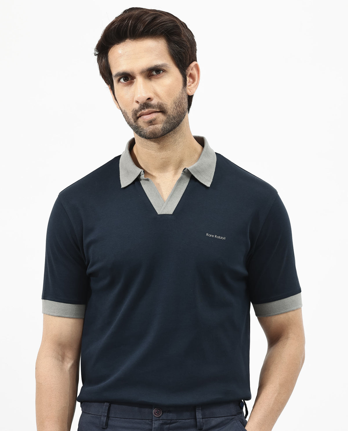 Rare Rabbit Men's Carmelon Navy Cotton Plain Regular Fit Half Sleeve Polo