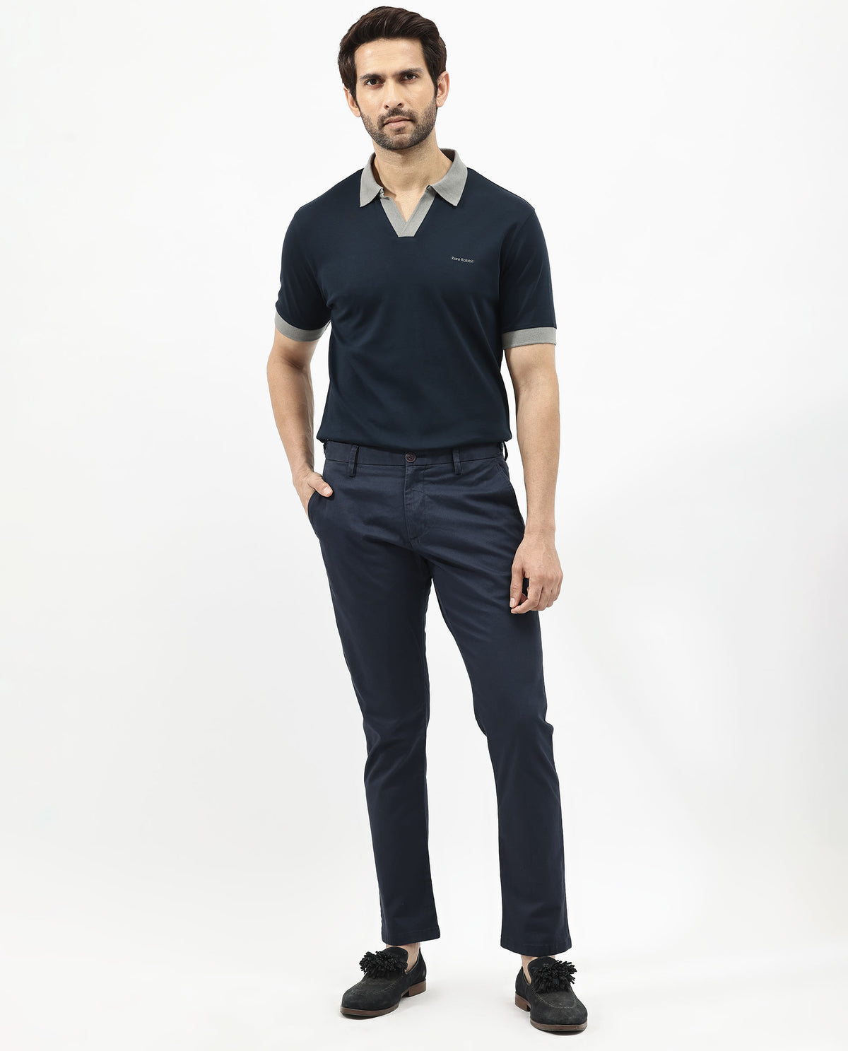 Rare Rabbit Men's Carmelon Navy Cotton Plain Regular Fit Half Sleeve Polo