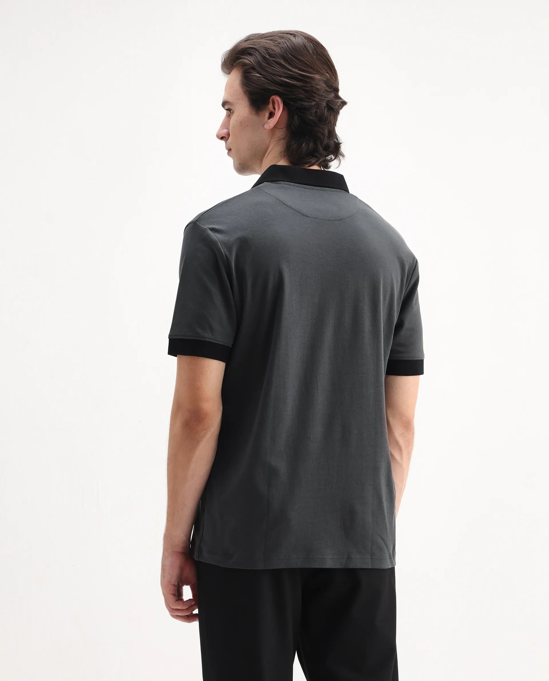 Rare Rabbit Men's Carmelon Dark Grey Cotton Plain Regular Fit Half Sleeve Polo