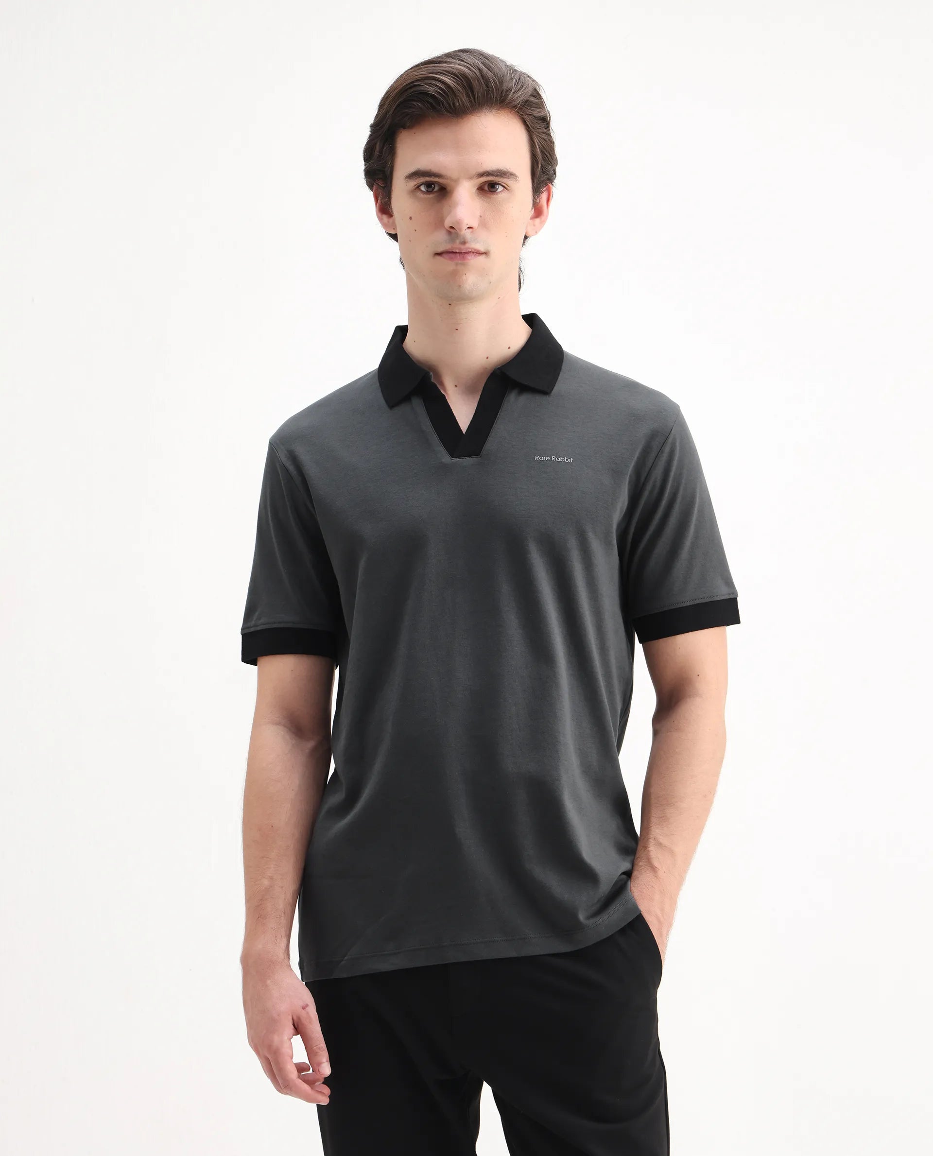 Rare Rabbit Men's Carmelon Dark Grey Cotton Plain Regular Fit Half Sleeve Polo