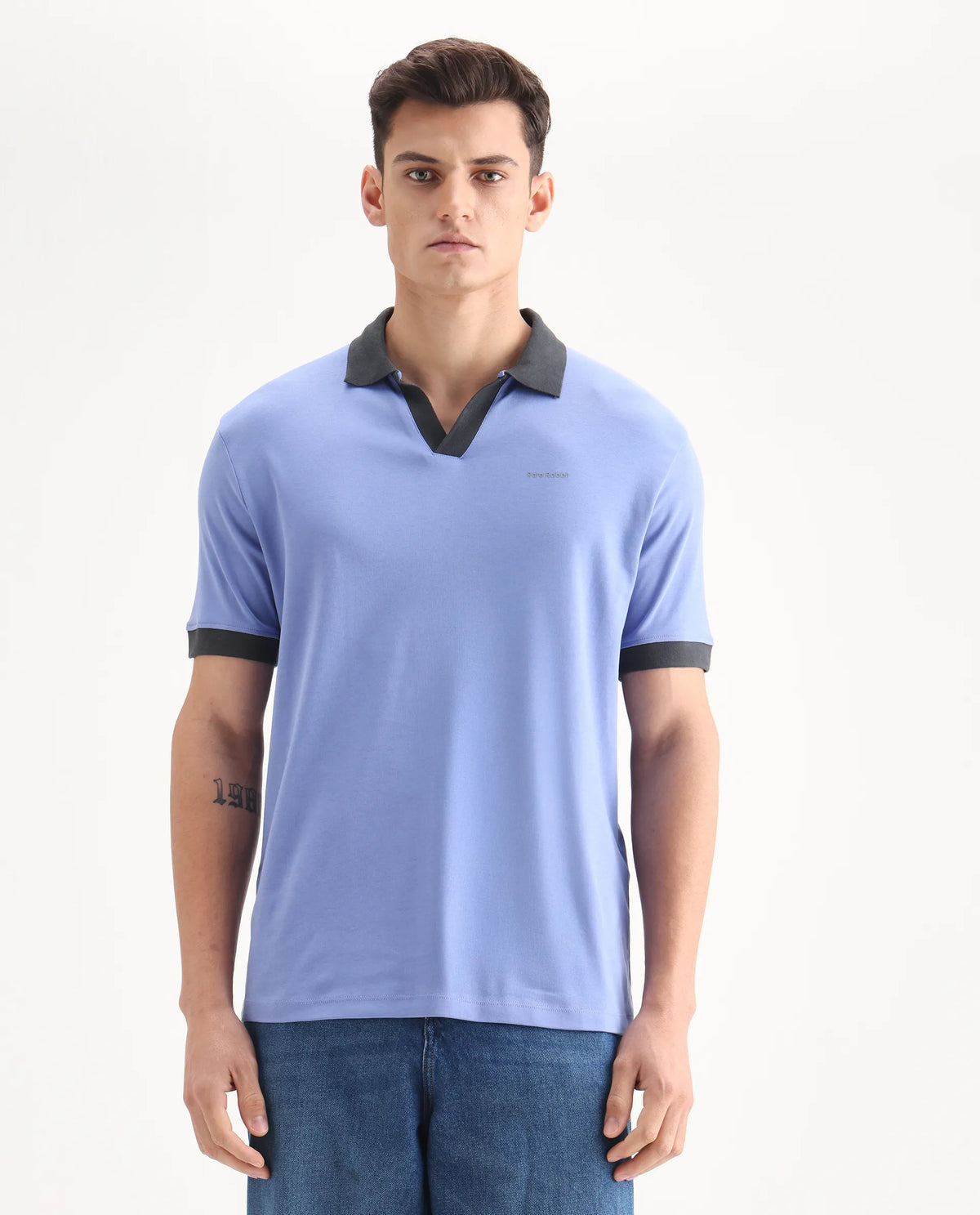 Rare Rabbit Men's Carmelon Pastel Blue Cotton Plain Regular Fit Half Sleeve Polo