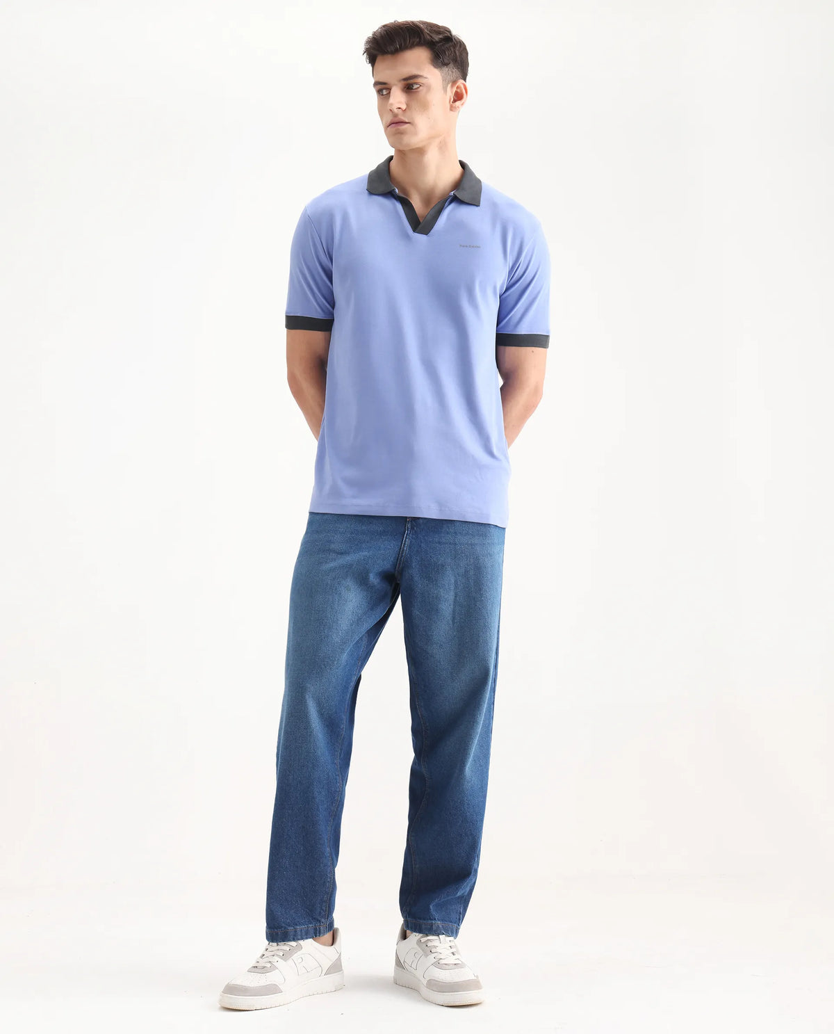 Rare Rabbit Men's Carmelon Pastel Blue Cotton Plain Regular Fit Half Sleeve Polo