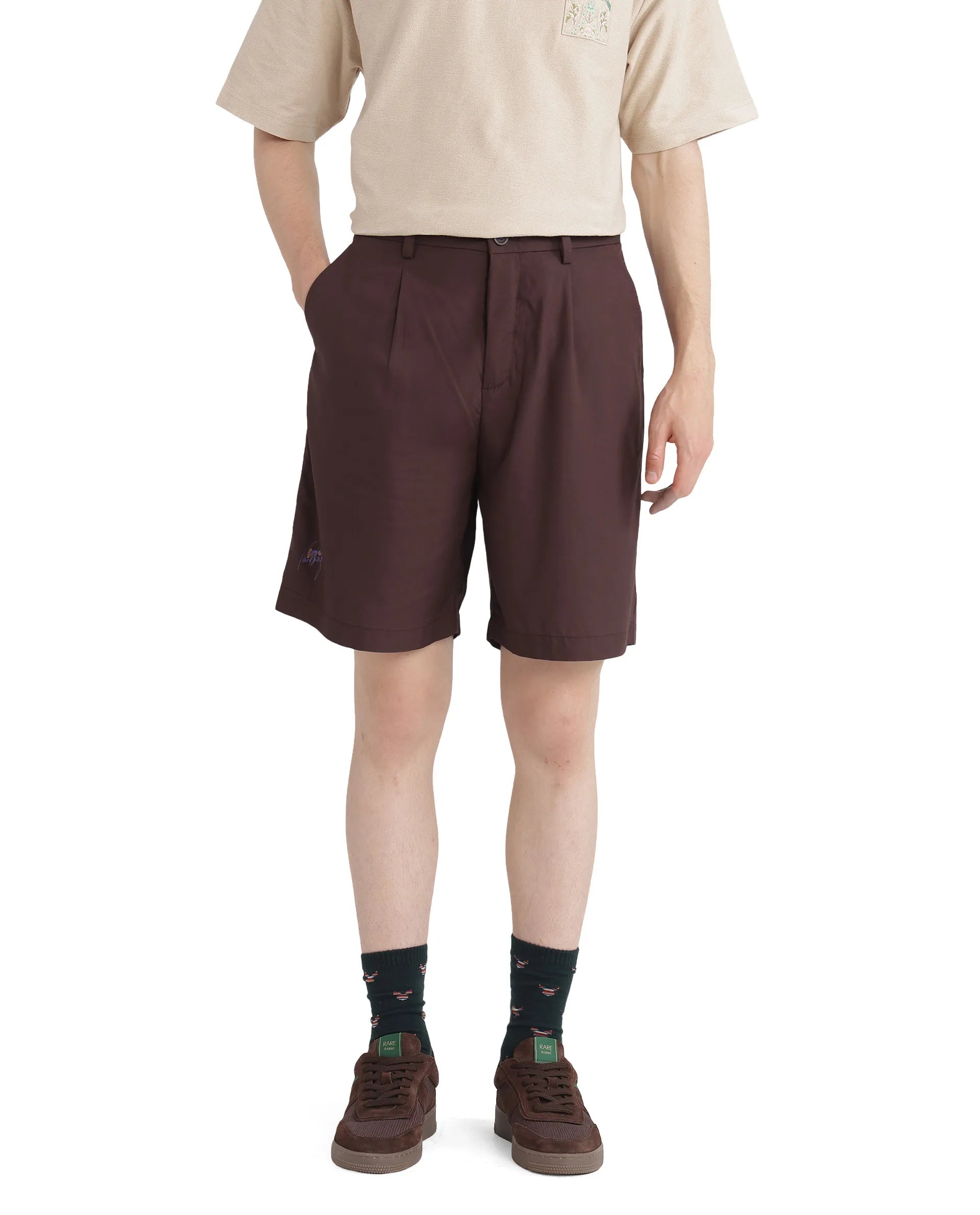 Rare Rabbit Men's Carn-B Brown Cotton Fabric Mid Rise Button Closure Oversized Fit Plain Shorts