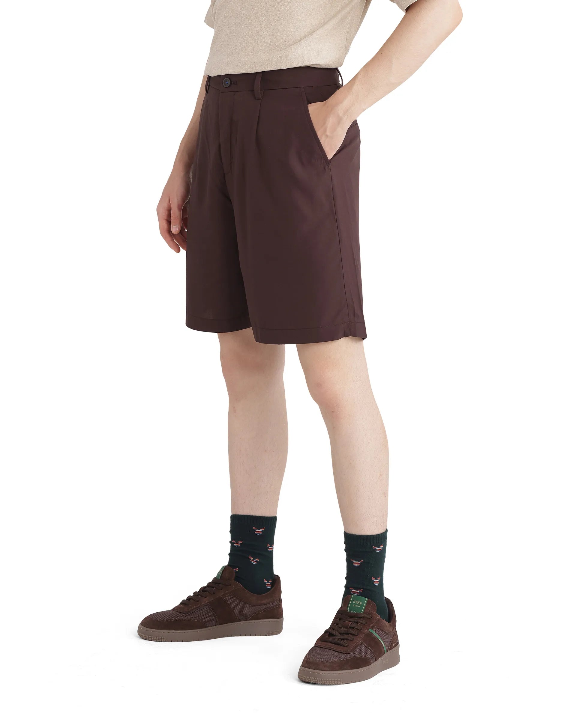 Rare Rabbit Men's Carn-B Brown Cotton Fabric Mid Rise Button Closure Oversized Fit Plain Shorts
