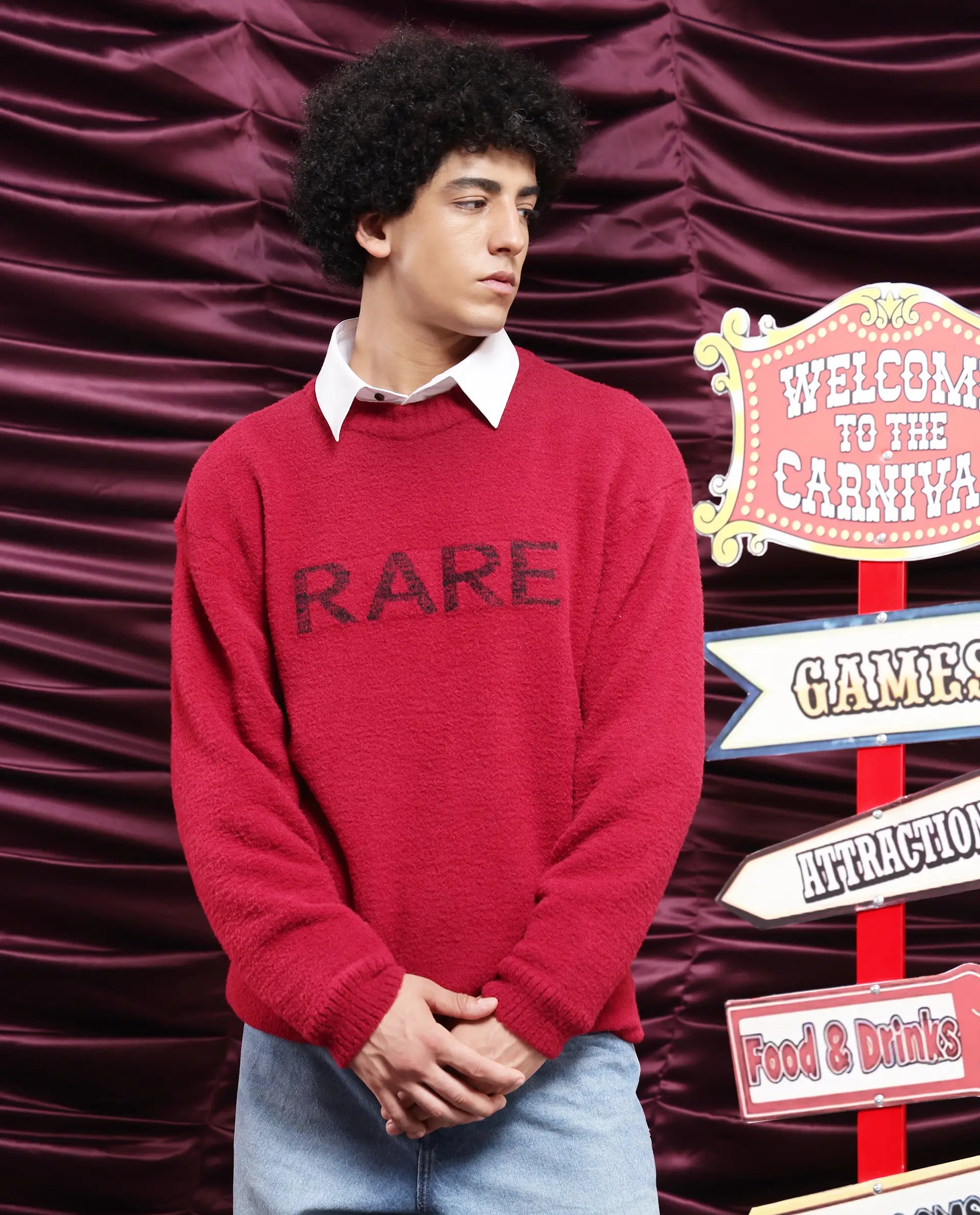 Rare Rabbit Men's Zeo Dark Red Ribbed Full Sleeves and Crew Neck Collar Regular Fit Branded Sweater