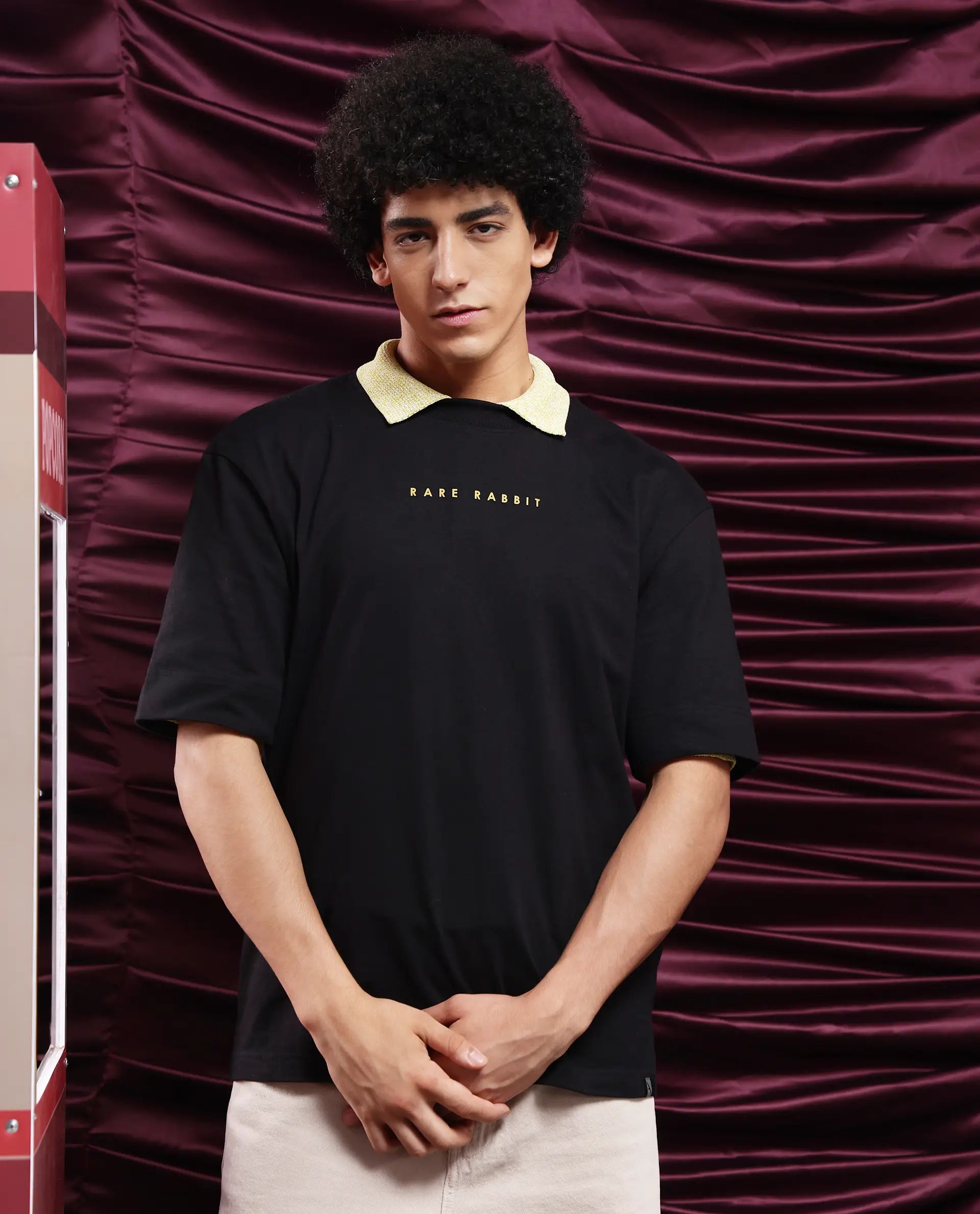 Rare Rabbit Men Tyga Black Cotton Fabric Short Sleeve Crew Neck Oversized Fit Graphic Back Print T-Shirt