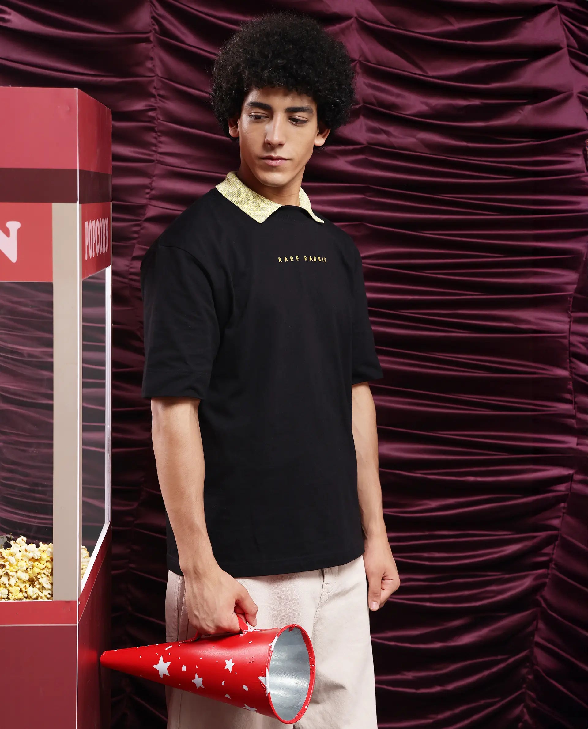 Rare Rabbit Men Tyga Black Cotton Fabric Short Sleeve Crew Neck Oversized Fit Graphic Back Print T-Shirt