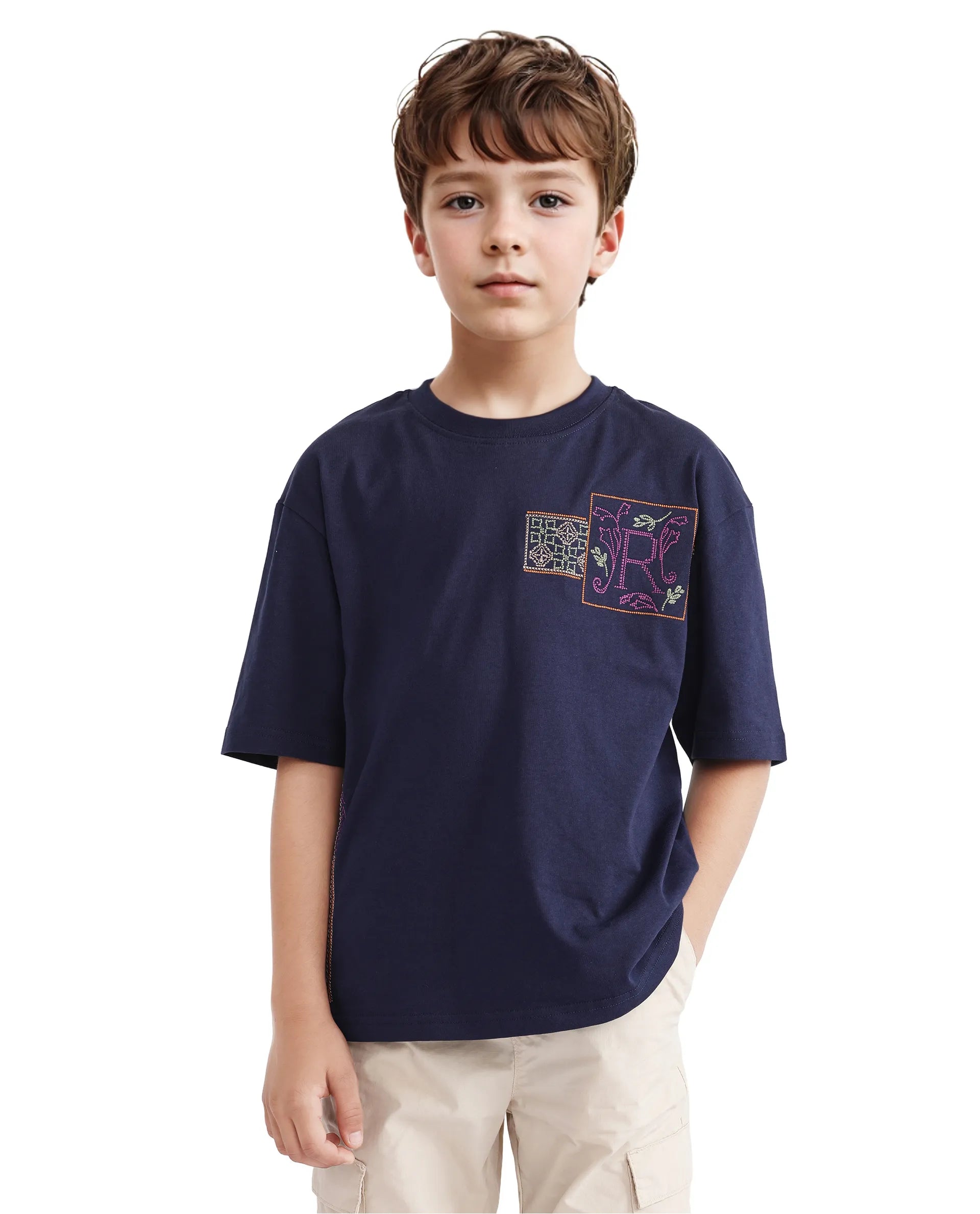 Rare Ones Kids Carn Navy Cotton Short Sleeve Embroidered Boxy Fit T-Shirt