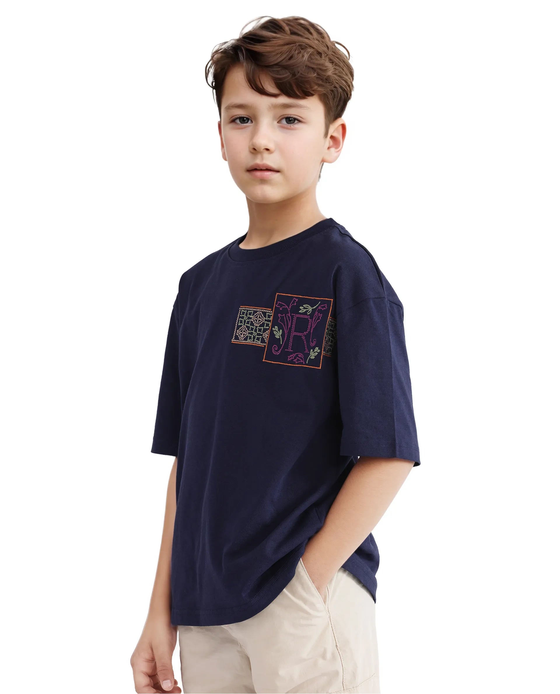 Rare Ones Kids Carn Navy Cotton Short Sleeve Embroidered Boxy Fit T-Shirt
