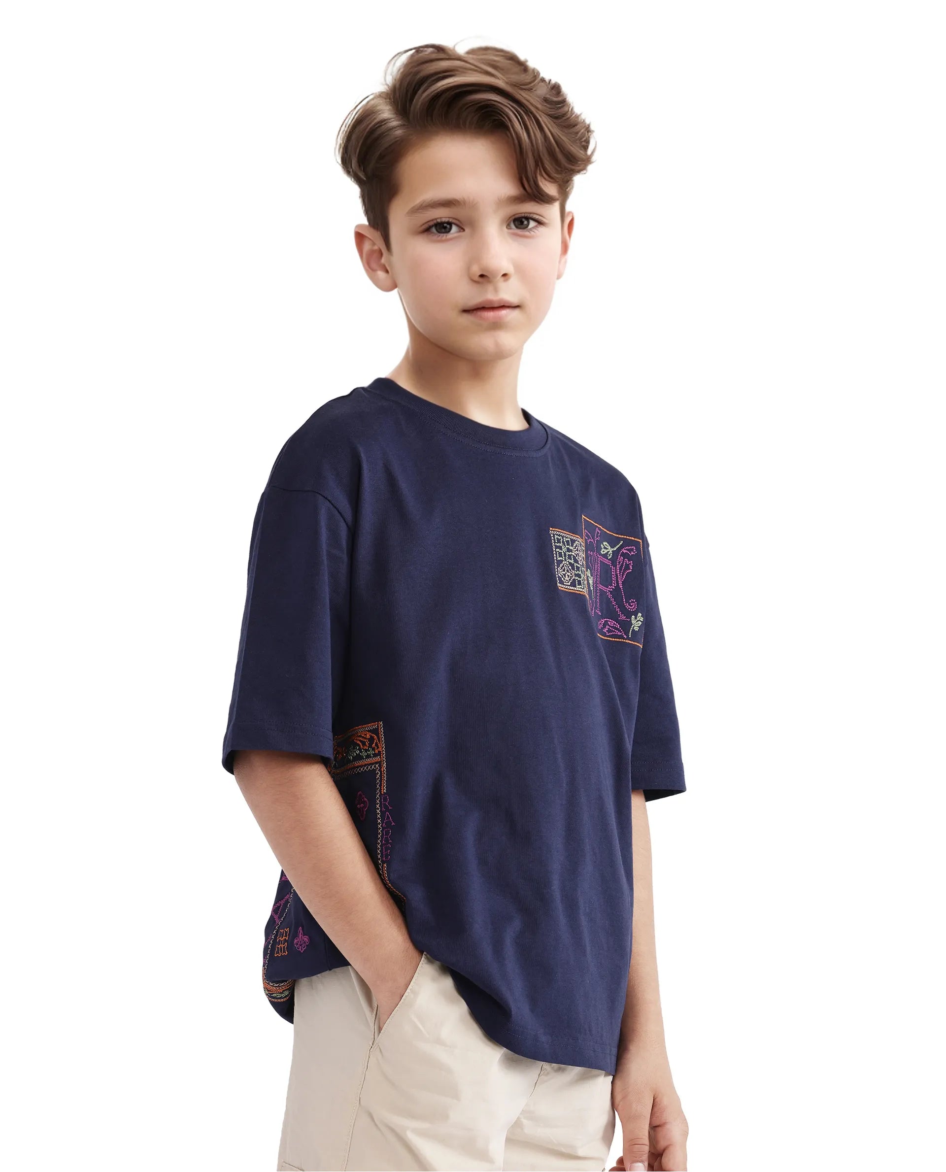 Rare Ones Kids Carn Navy Cotton Short Sleeve Embroidered Boxy Fit T-Shirt