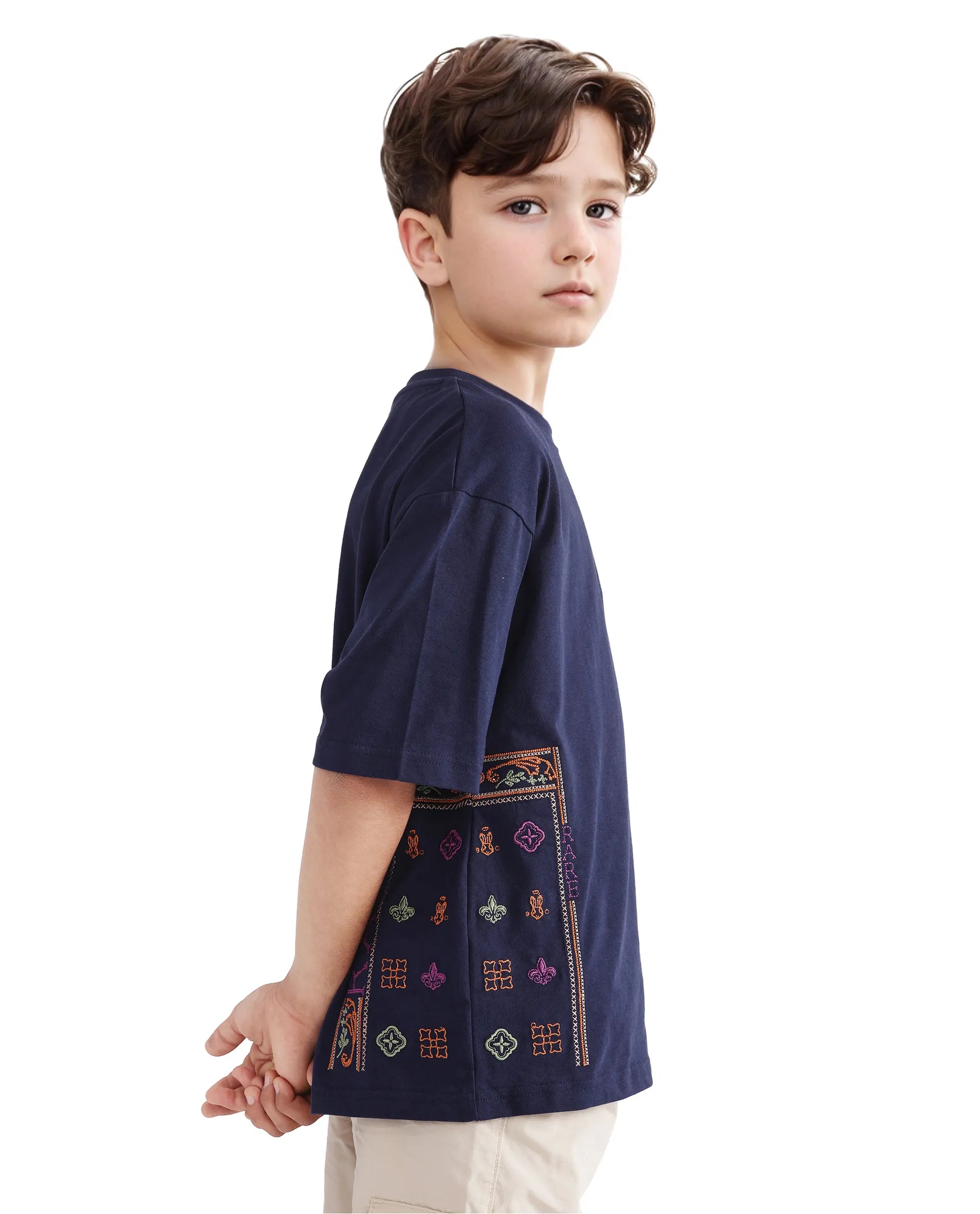 Rare Ones Kids Carn Navy Cotton Short Sleeve Embroidered Boxy Fit T-Shirt