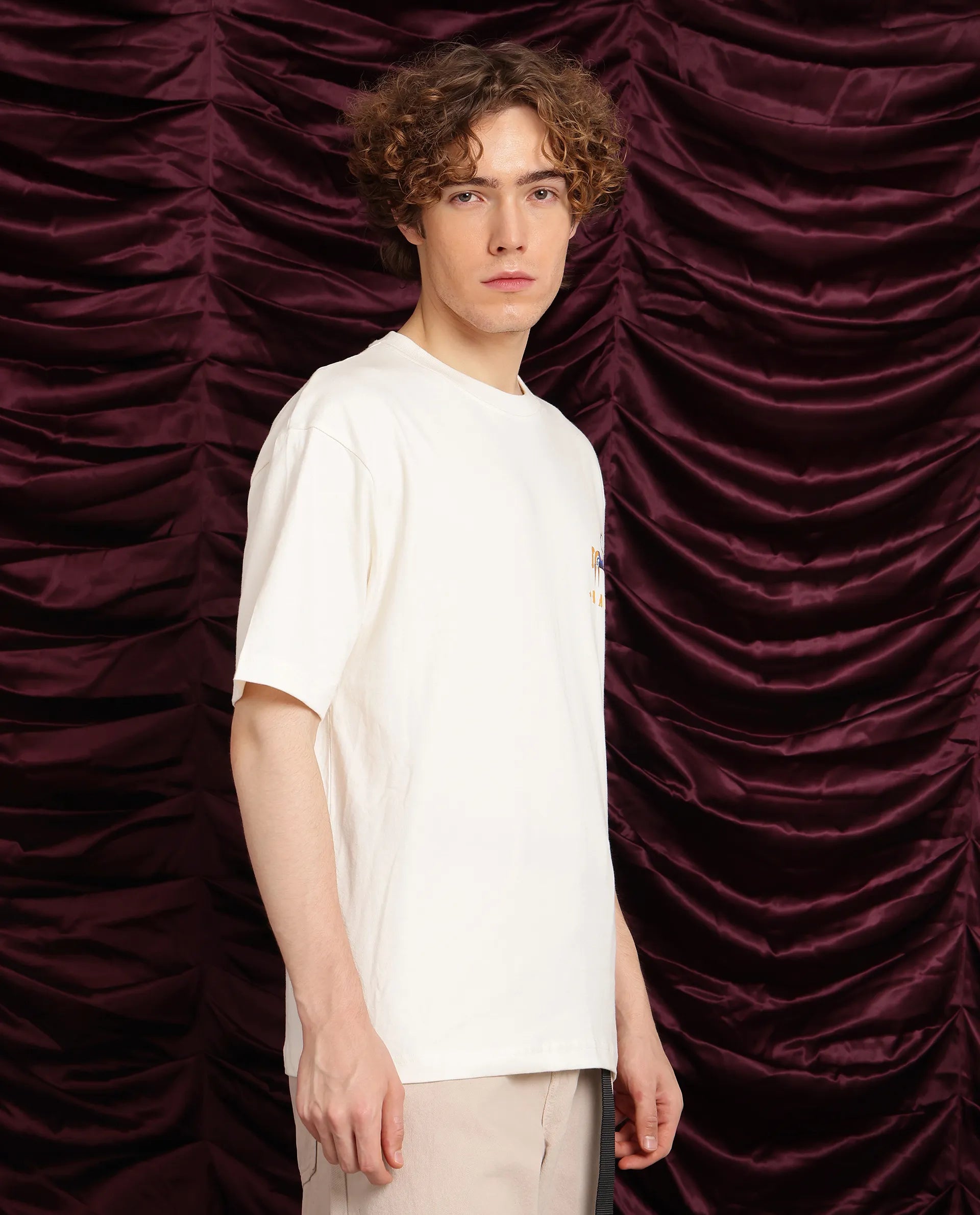 Rare Rabbit Men Carn Off White Short Sleeve Crew Neck Oversized Fit Animal Printed T-Shirt