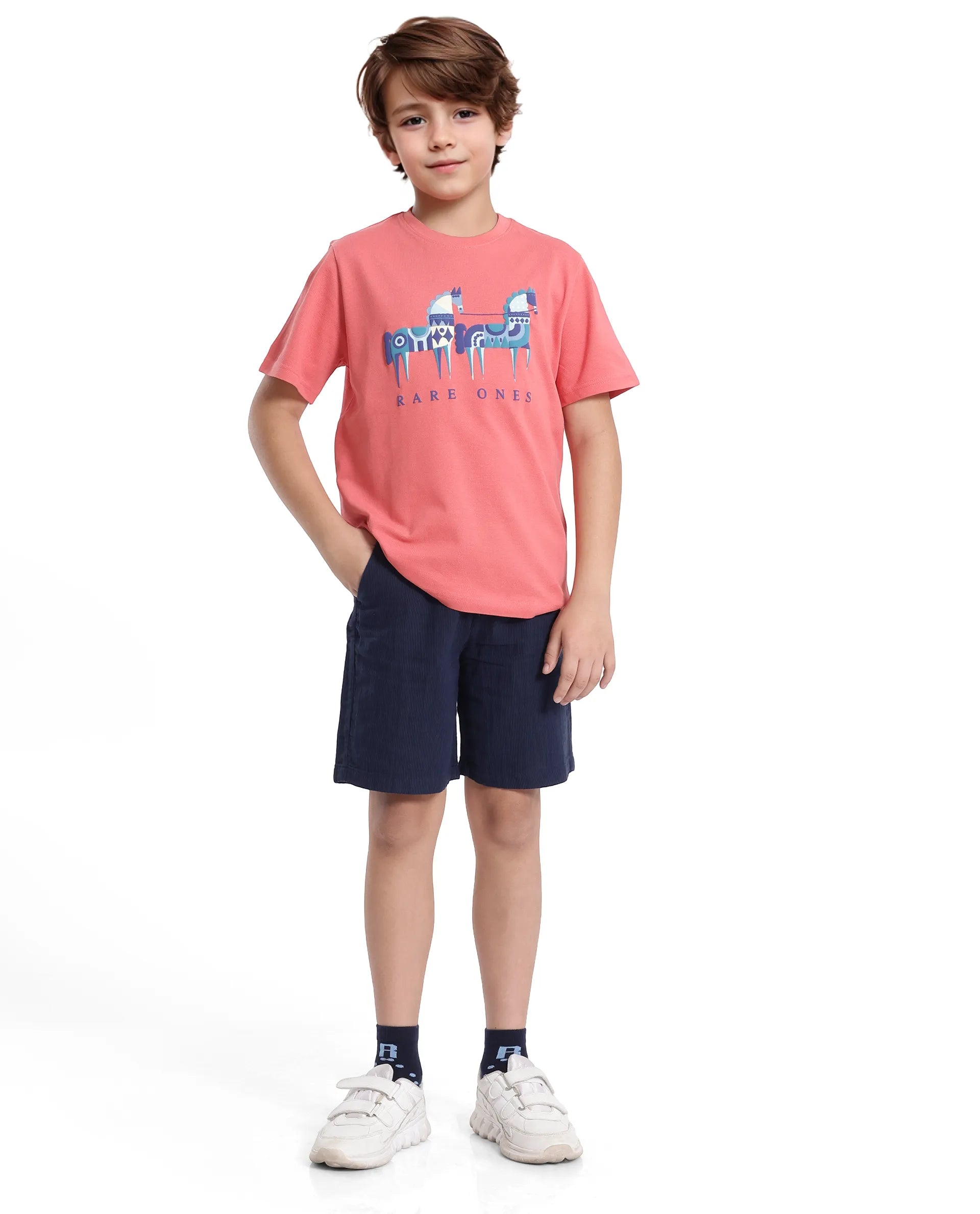 Rare Ones Kids Carno Peach Cotton Fabric Half Sleeves Crew Neck Graphic Print T-Shirt