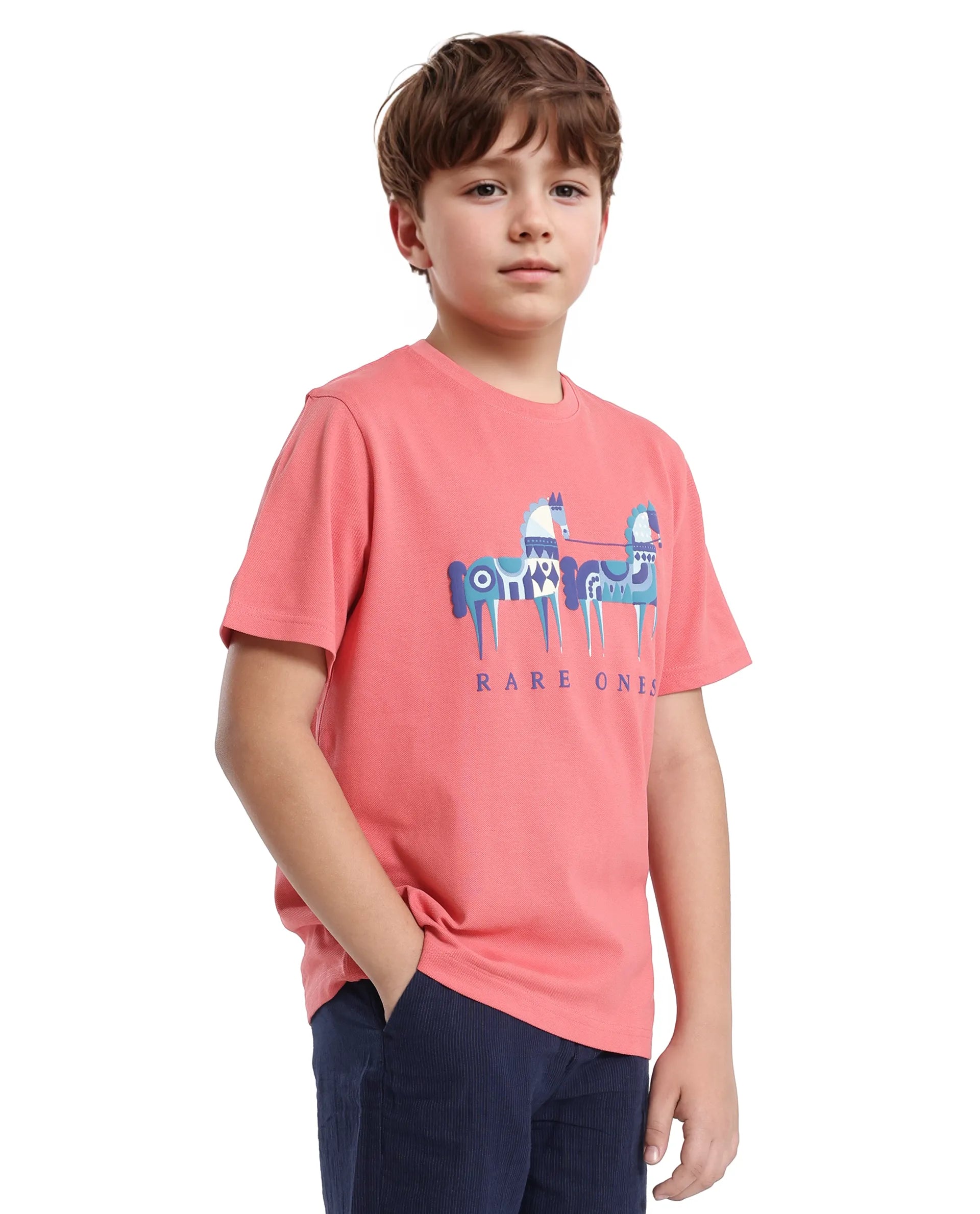 Rare Ones Kids Carno Peach Cotton Fabric Half Sleeves Crew Neck Graphic Print T-Shirt