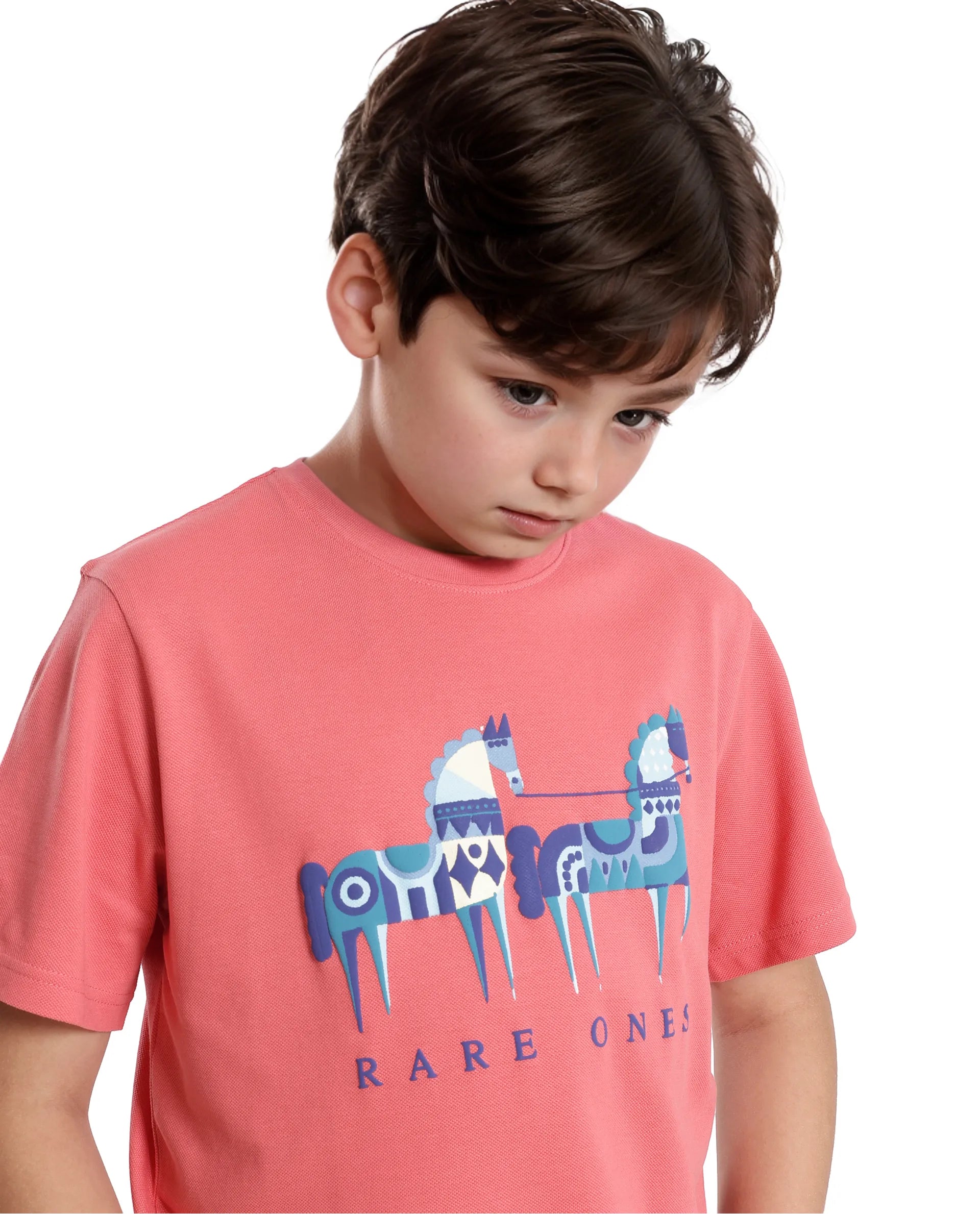 Rare Ones Kids Carno Peach Cotton Fabric Half Sleeves Crew Neck Graphic Print T-Shirt