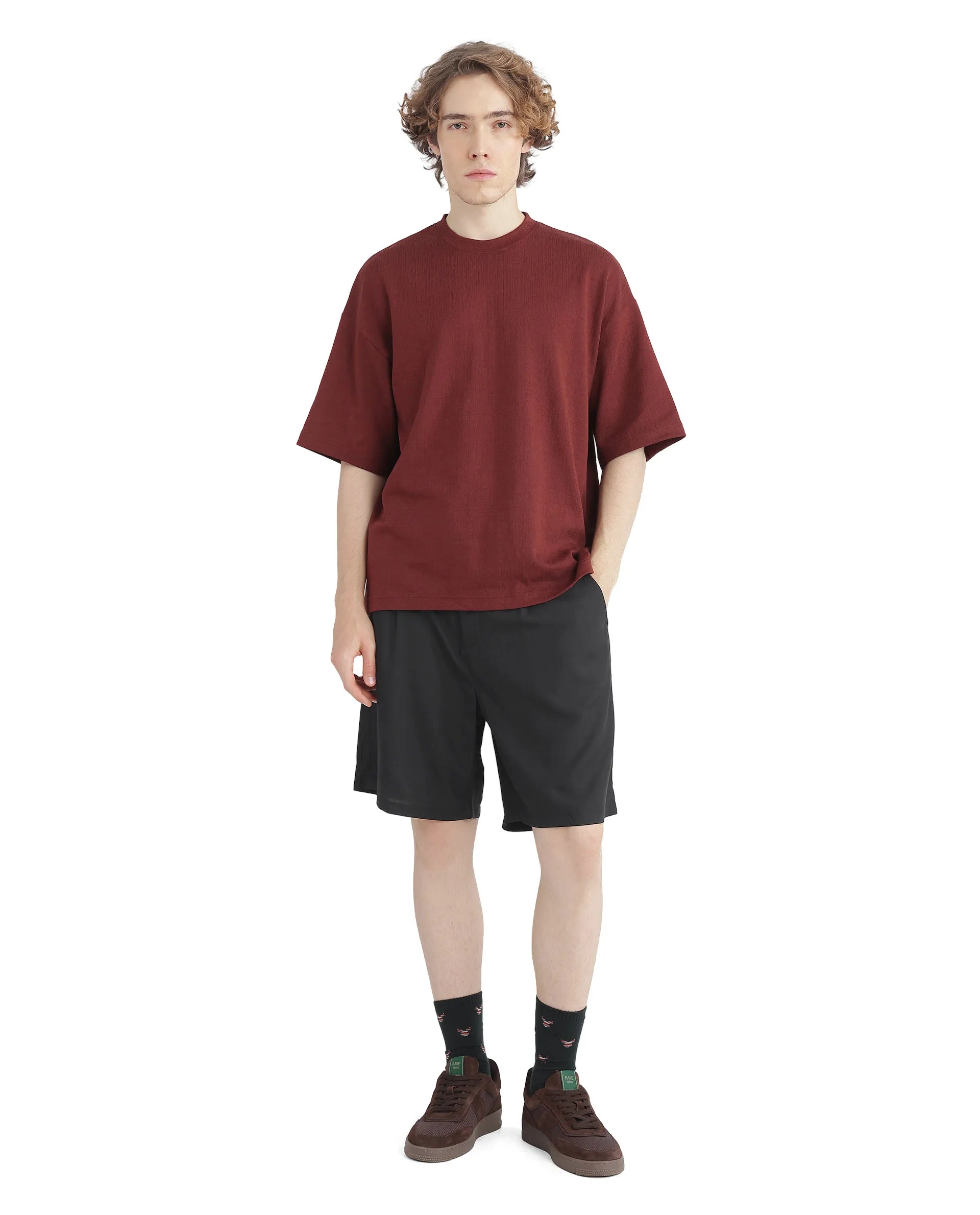 Rare Rabbit Men's Caro-B Black Cotton Fabric Mid Rise Button Closure Oversized Fit Plain Shorts