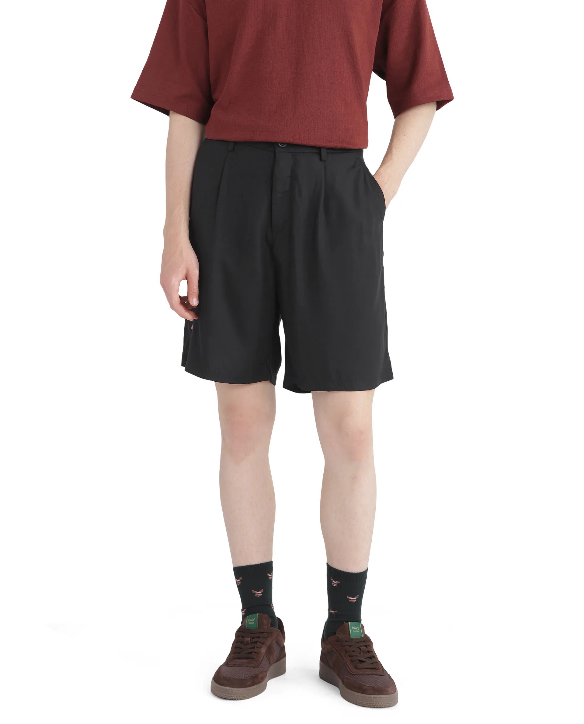 Rare Rabbit Men's Caro-B Black Cotton Fabric Mid Rise Button Closure Oversized Fit Plain Shorts