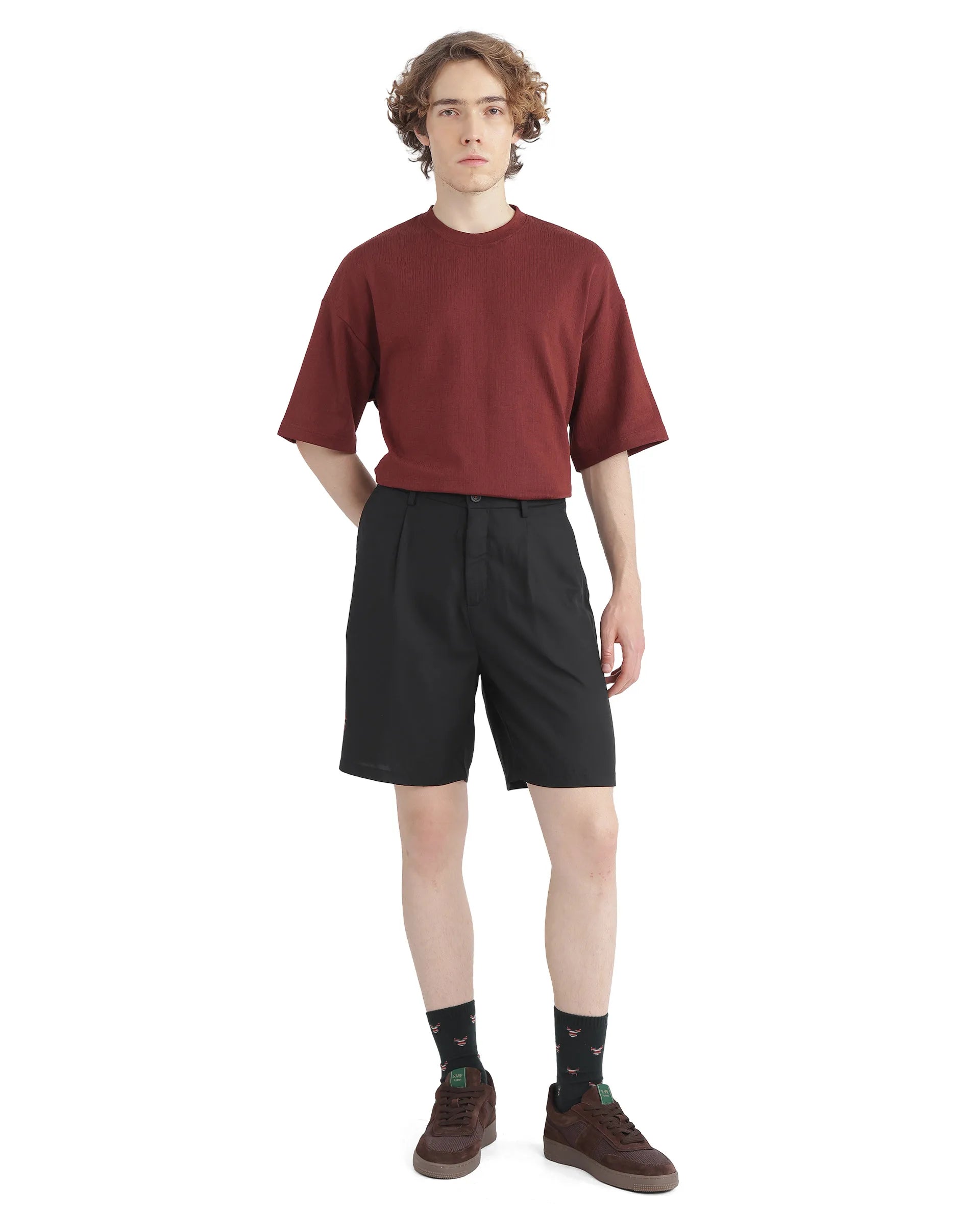 Rare Rabbit Men's Caro-B Black Cotton Fabric Mid Rise Button Closure Oversized Fit Plain Shorts