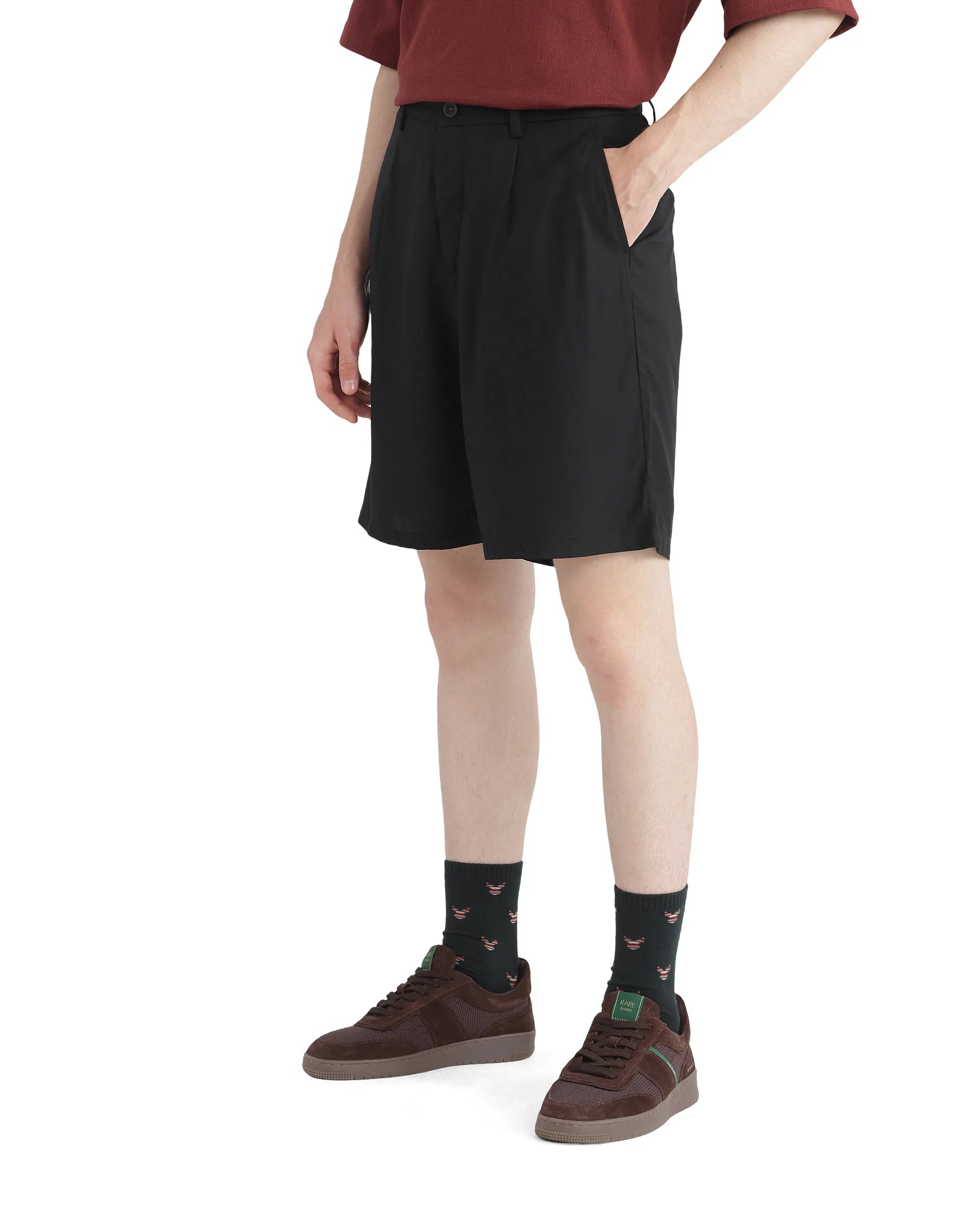 Rare Rabbit Men's Caro-B Black Cotton Fabric Mid Rise Button Closure Oversized Fit Plain Shorts